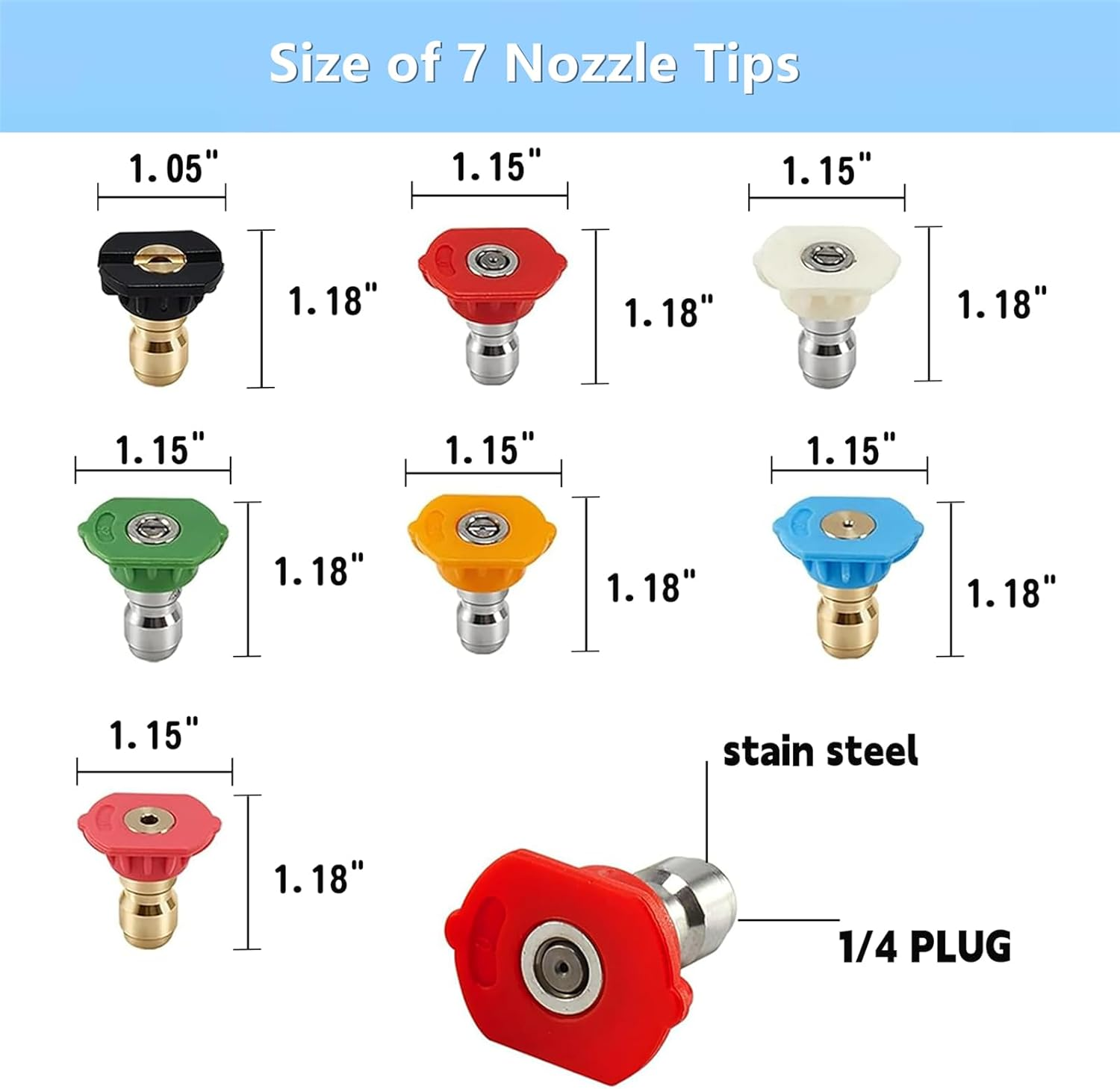 Durable Pressure Washer Tips, Easy to Use 4000 PSI Pressure Washer Nozzle Tips, 1/4 Inch Quick Connect 7 Nozzle Tips with Nozzle Holder