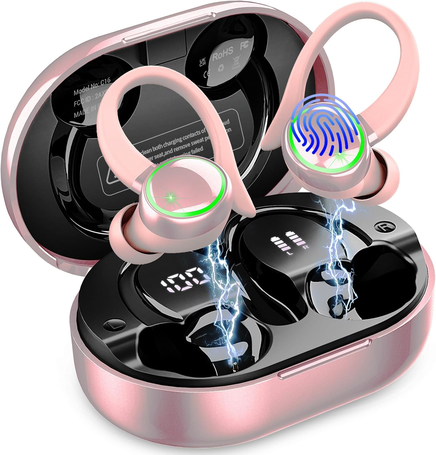 Wireless Earbuds, Bluetooth 5.4 Headphones Sports, 50H Playback Over-Ear Buds with ENC Noise Cancelling Mic, Deep Bass Fitness Earphones Gym Running, IP7 Waterproof Headset with Earhook Workout