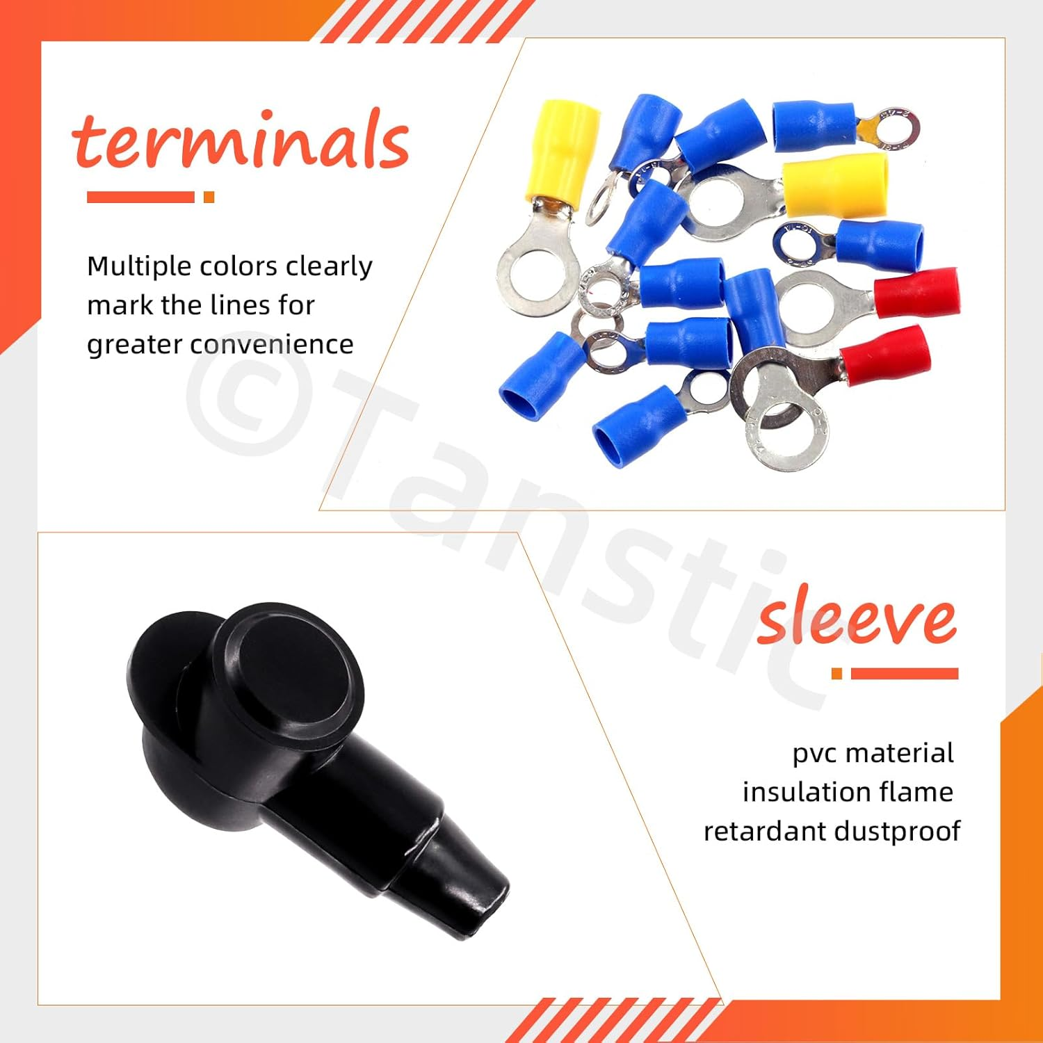 Tanstic 12 Terminal Power Distribution Block with Ring Terminals, 12 Terminals Bus Bar-1/4 Stud, 12 X M4 (#8) Terminal Screws, Black image number 1