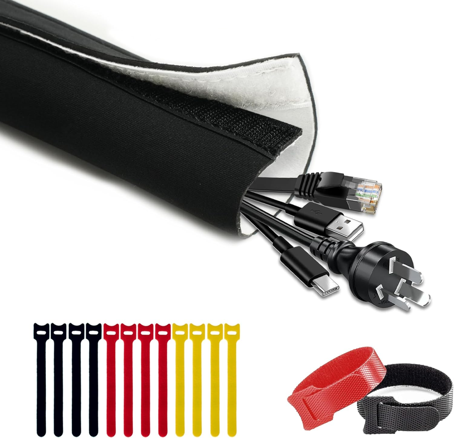 Cable Management Sleeves (12 Pack Straps Included) Neoprene Cord Organizer for TV USB PC Computer Network Wires (120 Inches) DIY by Yourself, Adjustable Black and White Reversible Wire Hider