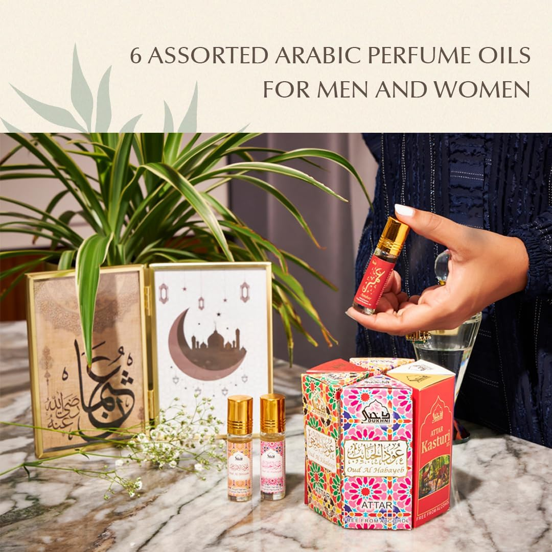 Dukhni Premiere Attar Oil Set | العطار العربي | Authentic Arabic Fragrance Oils | 100% Halal Blends, Ramadan Eid Gifting | Oud Ibtisam, Oud Khaleeji, Oud Habayeb, Kasturi XX, Ambar, Blue Girl -6Ml Each
