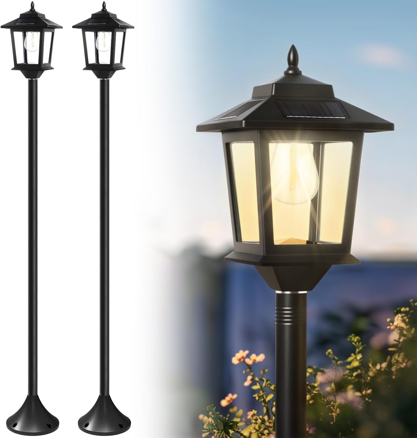 PASAMIC 63" Solar Lamp Post 2Pack, Outdoor Lights Waterproof, Pole Lights Outdoor, Floor Lamp for Patio, Warm White, Replaceable Bulb image number 4