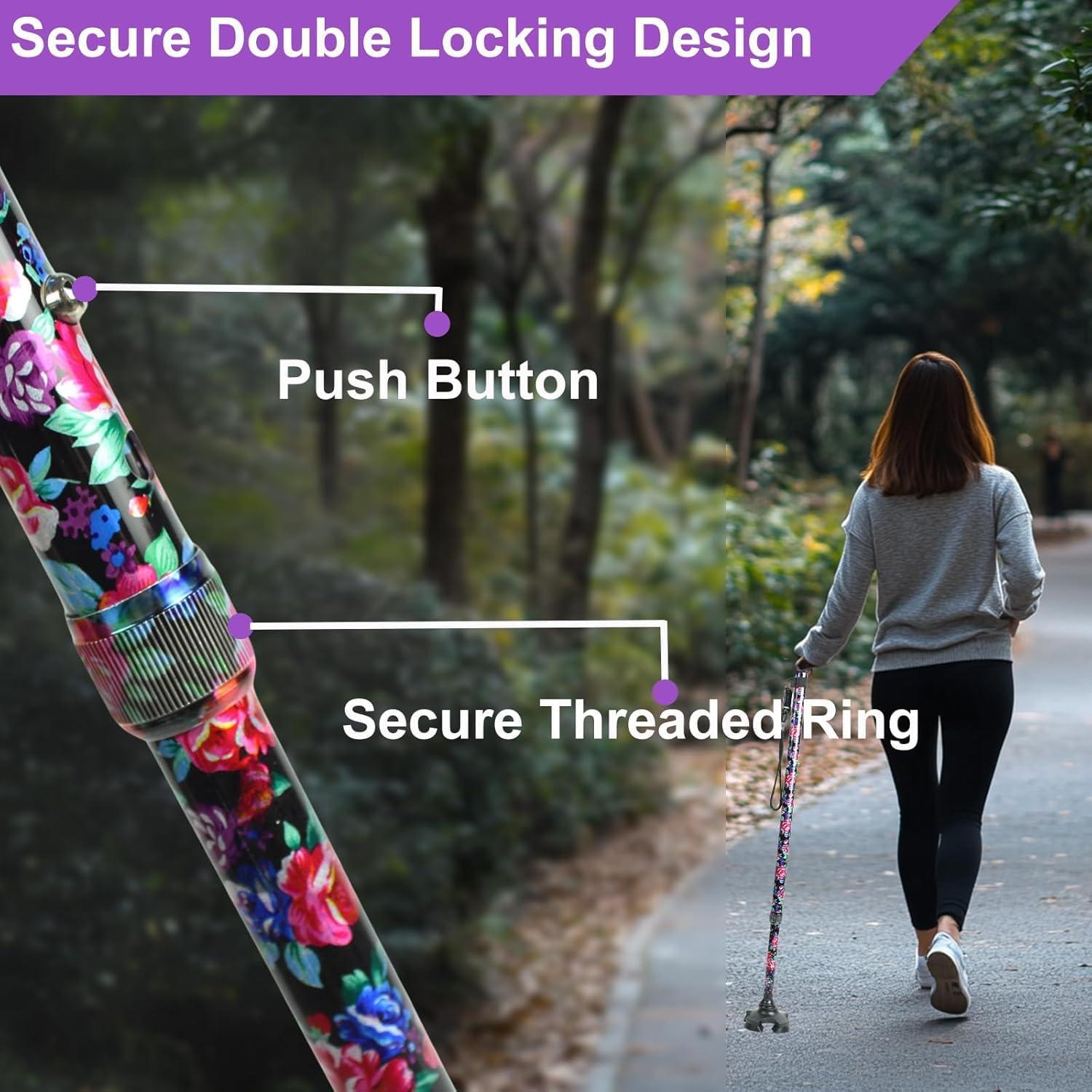 Begrit Walking Stick Adjustable Cane for Women Ergonomic Handle Stabilising Base - Small Flower image number 7