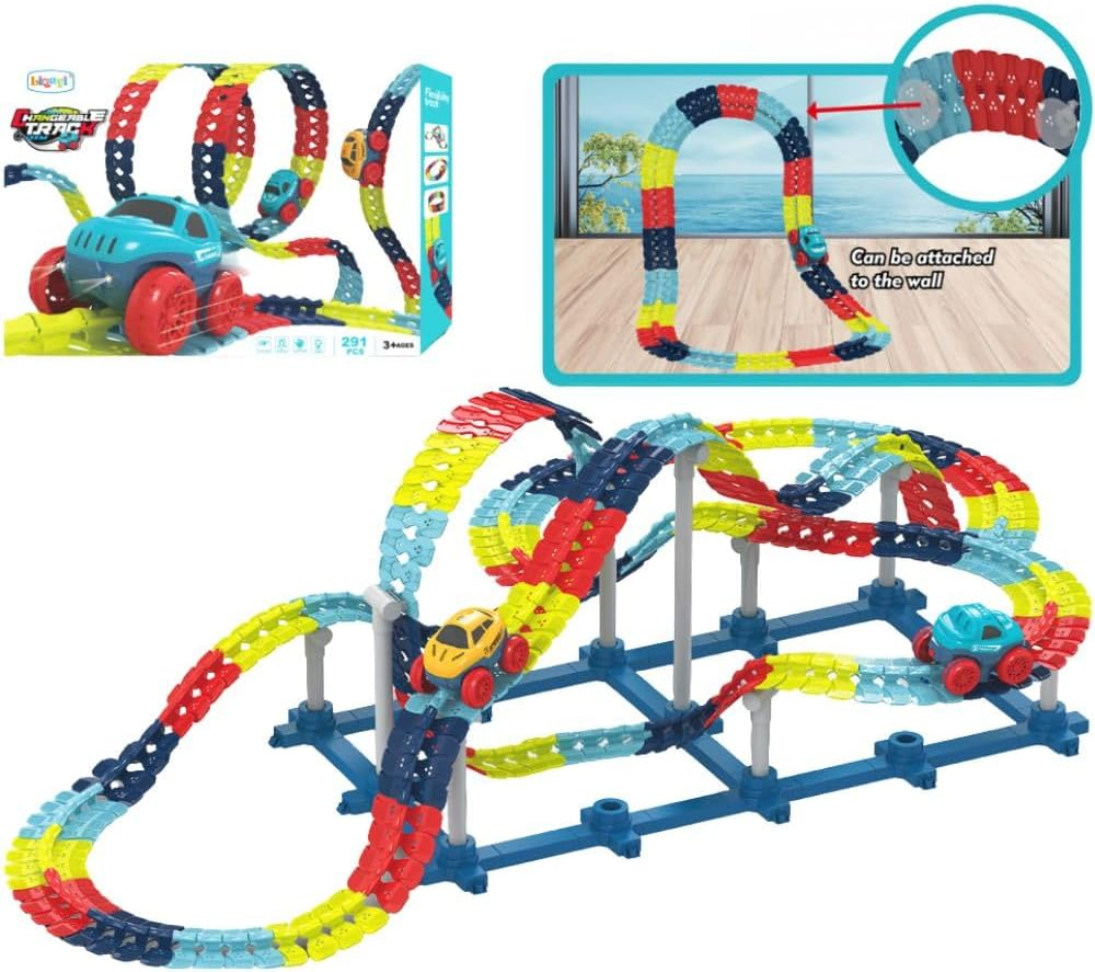 Zero Gravity Car Track Set Race Track Toys for Boys Kids LED Light-Up Race Car,Flexible Changeable Magic Race Car Track Toys for 3 4 5 6 7 8+Year Old Boys Girls as Best Birthday Gift (195 PCS)