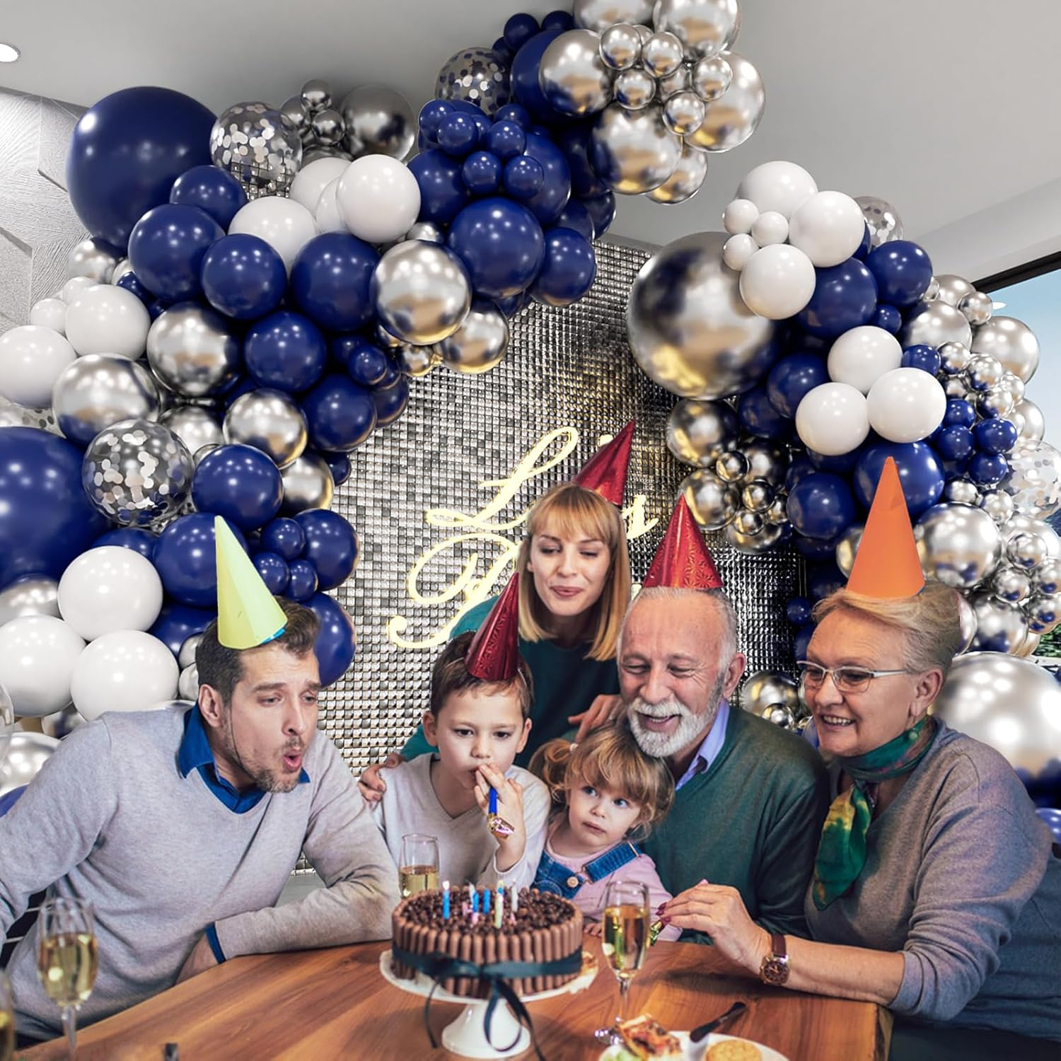 FOTIOMRG Navy Blue and Silver Balloon Garland Arch Kit, Royal Blue Metallic Silver White Balloons for Birthday Baby Shower Wedding Graduation Party Decorations image number 3