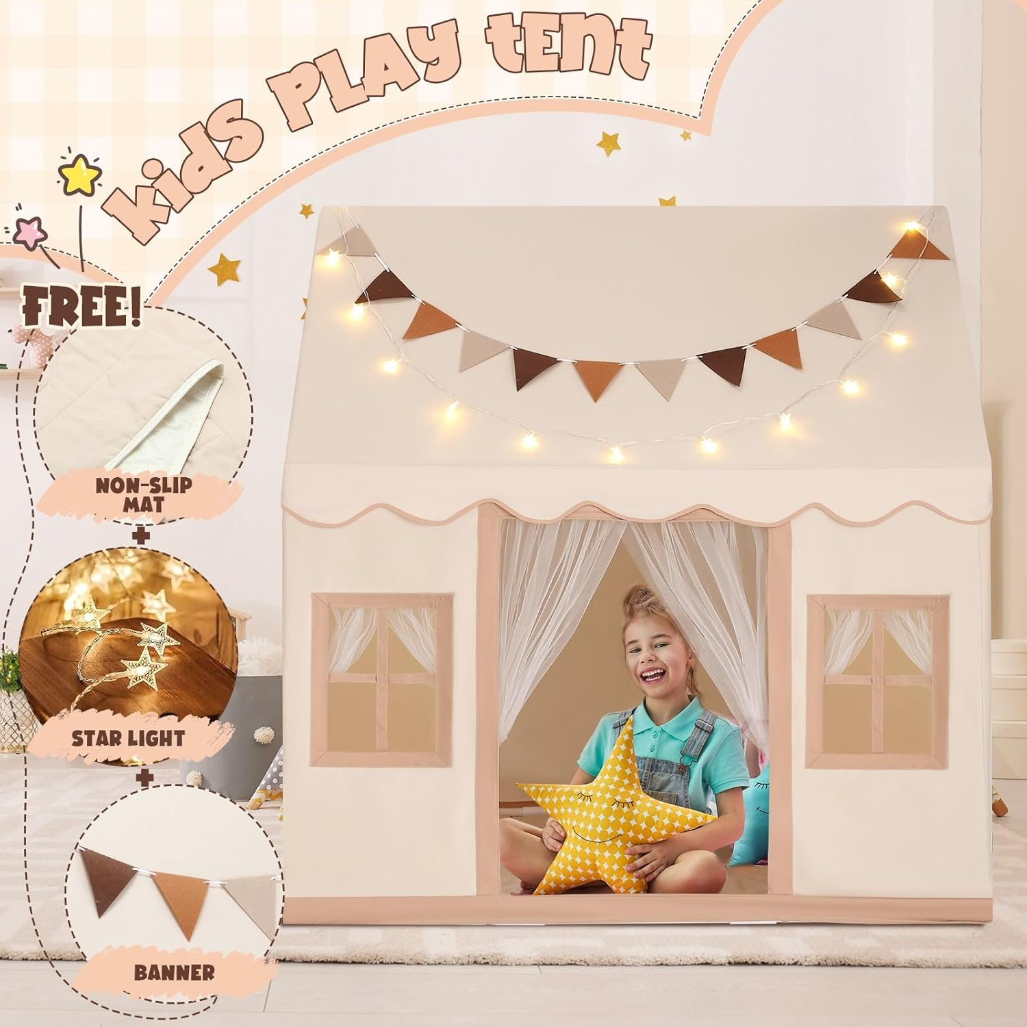 KIDBOT Kids Play Tent, Large Playhouse for Kids, with 3 Breathable Windows, Star Lights & Flag Banner Included, Toddler Tent for Boys & Girls, Beige - Model1-Beige image number 4