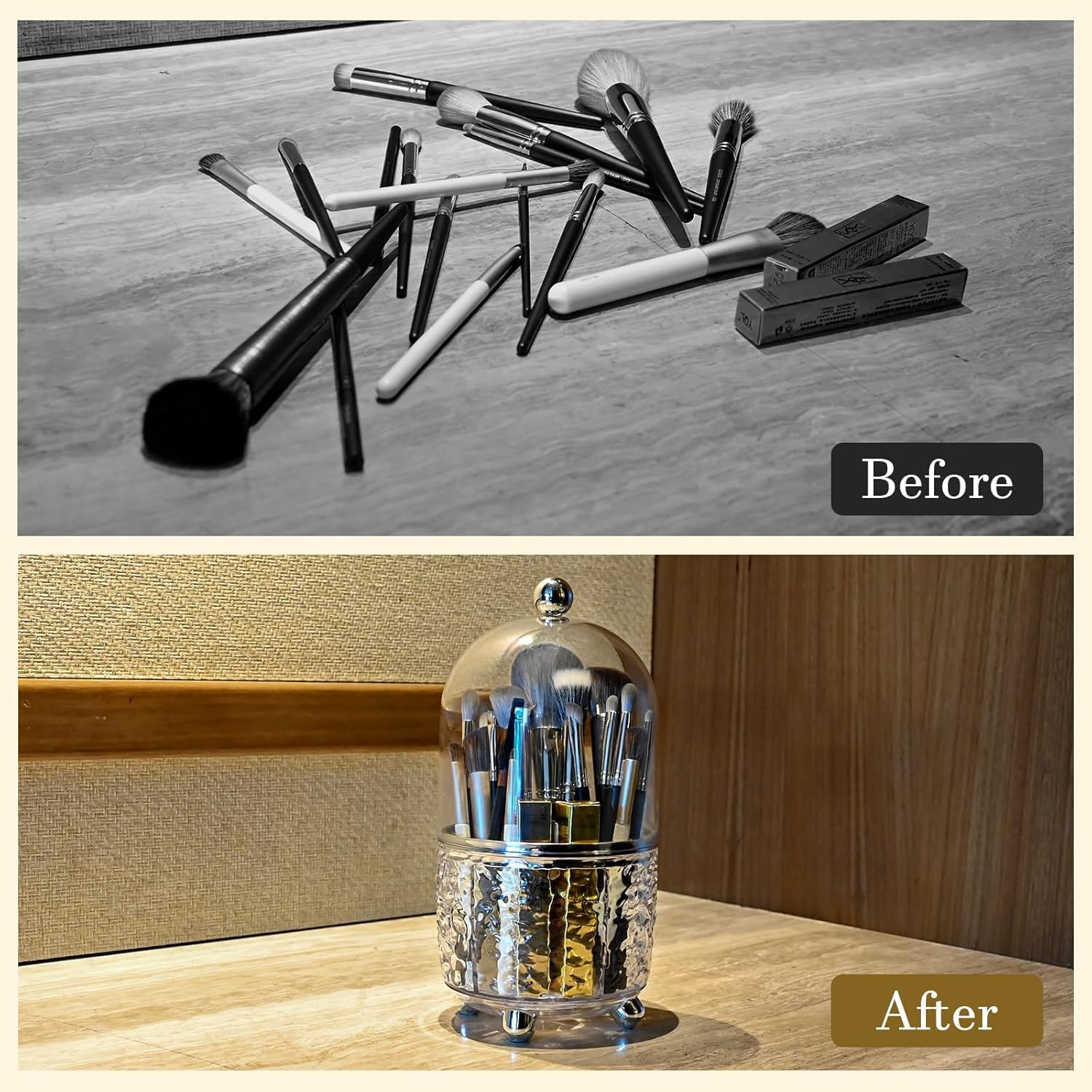 Makeup Brush Holder with Lid Cosmetic Tools Organizer 360 Rotating Make up Brushes Storage for Vanity, Waterproof & Dustproof (Clear) image number 5