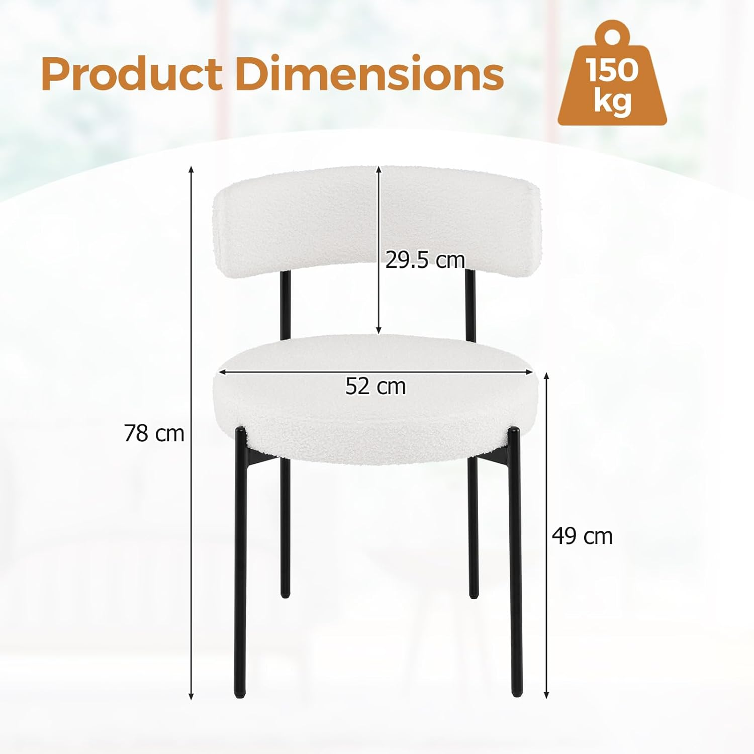 Giantex Boucle Dining Chair Set of 2, round Sherpa Upholstered Kitchen Armless Chairs with Curved Backrest & Metal Legs, White Modern Accent Side Chairs for Dining Room, Living Room (2) image number 6