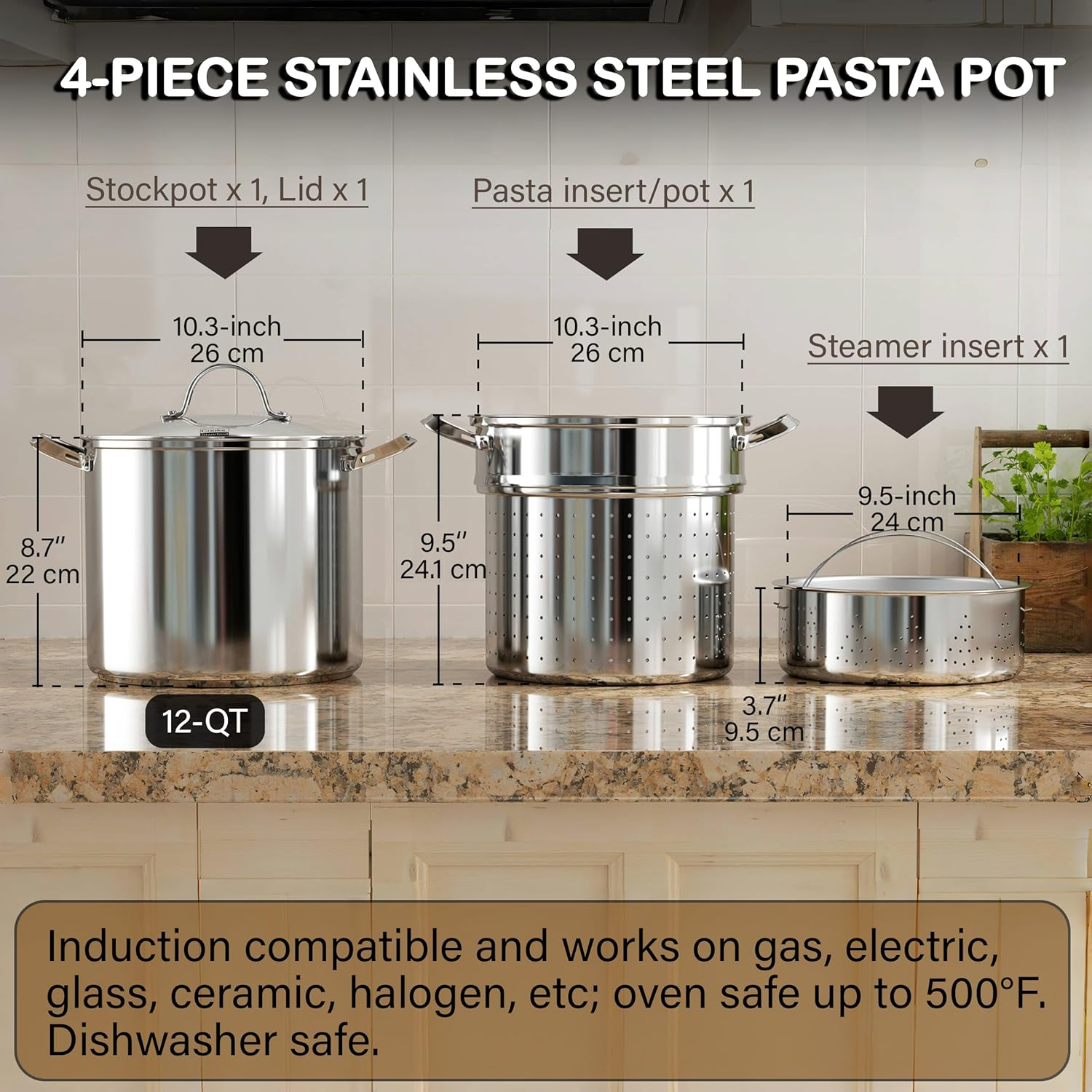 Cooks Standard Pasta Pot 18/10 Stainless Steel 12 Quart, Spaghetti Cooker Steamer Stock Pot Multipots with Strainer Insert, Stainless Steel Lid, 4-Piece Set image number 3