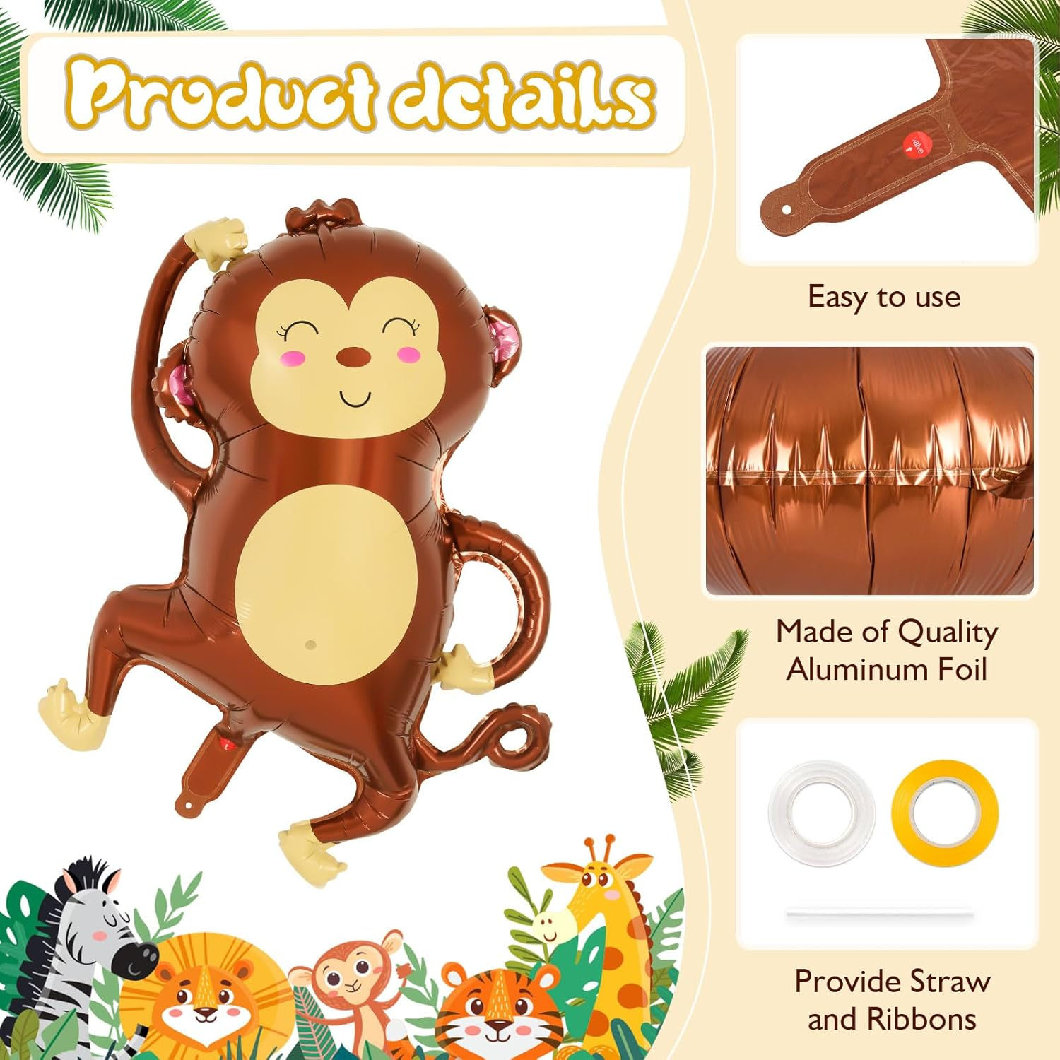 6 Pcs Jungle Safari Animals Foil Balloons,Giant Zoo Animal Balloons Zebra Elephant Monkey Lion Giraffe Leopard Shaped Animal Balloons for Wildlife Theme Birthday Party Decorations image number 1