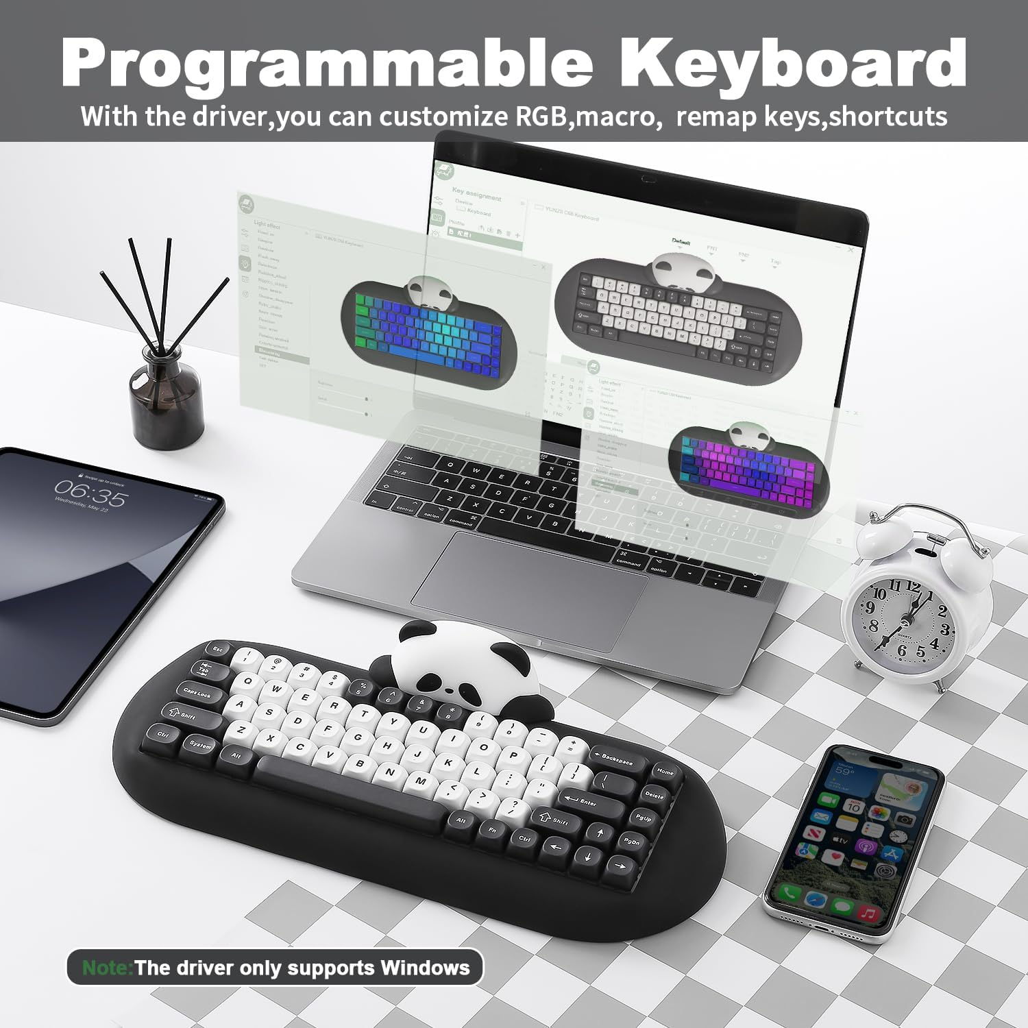 YUNZII C68 Panda Wireless Mechanical Gaming Keyboard, 68 Keys Cute Keyboard with PBT Keycaps, RGB Backlit, Hot Swappable Creamy Keyboard with Bt5.0/2.4G/Wired for Win/Mac(Panda Switch,Black) image number 3