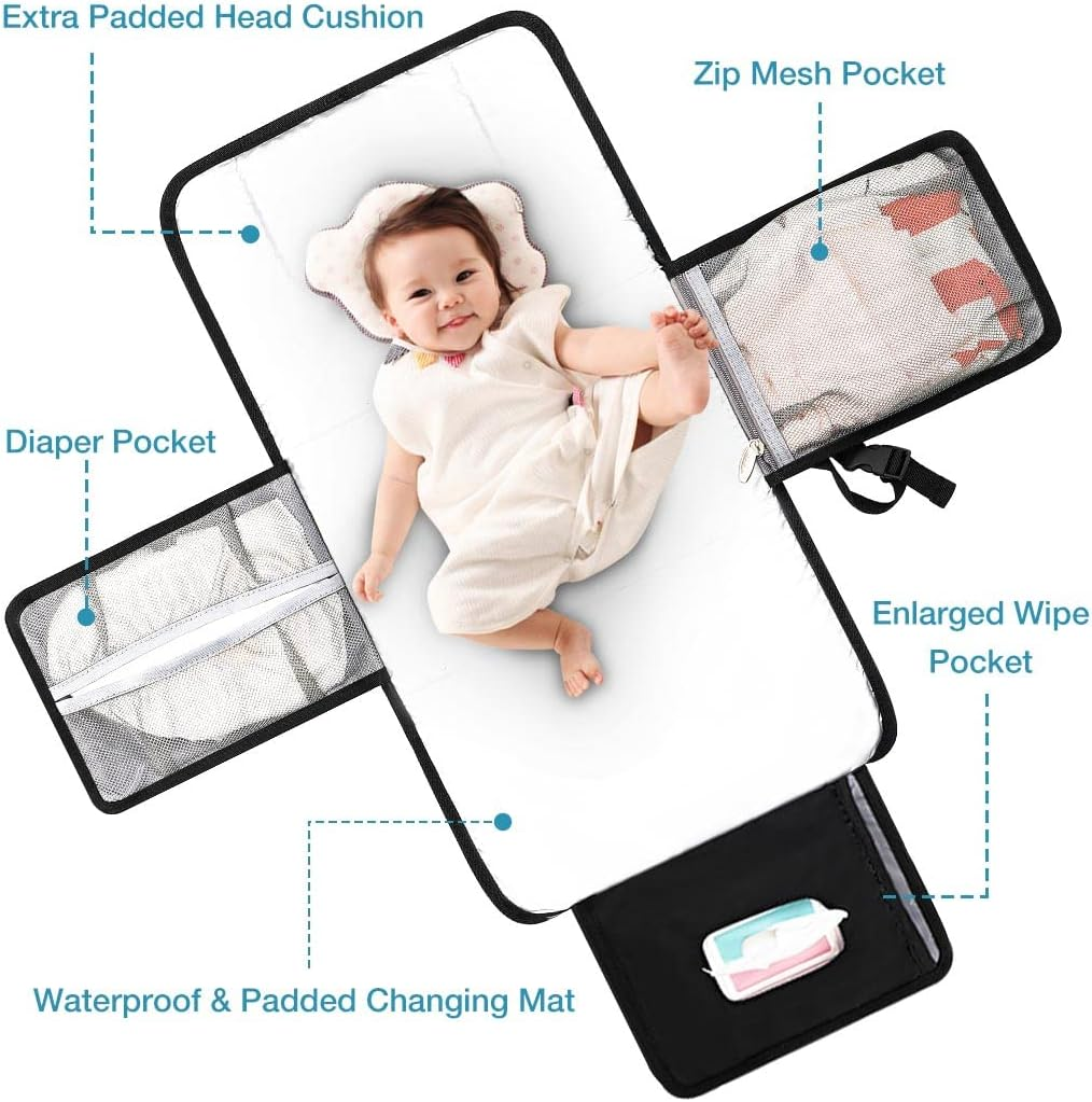 Lekebobor Portable Changing Pad for Baby, Baby Changing Pad for Diaper Bag or Changing Table. One-Hand Diaper Change Pad.Baby Shower Gifts, Newborn Baby Essentials, Unisex Baby Stuff,Quilted Black image number 1
