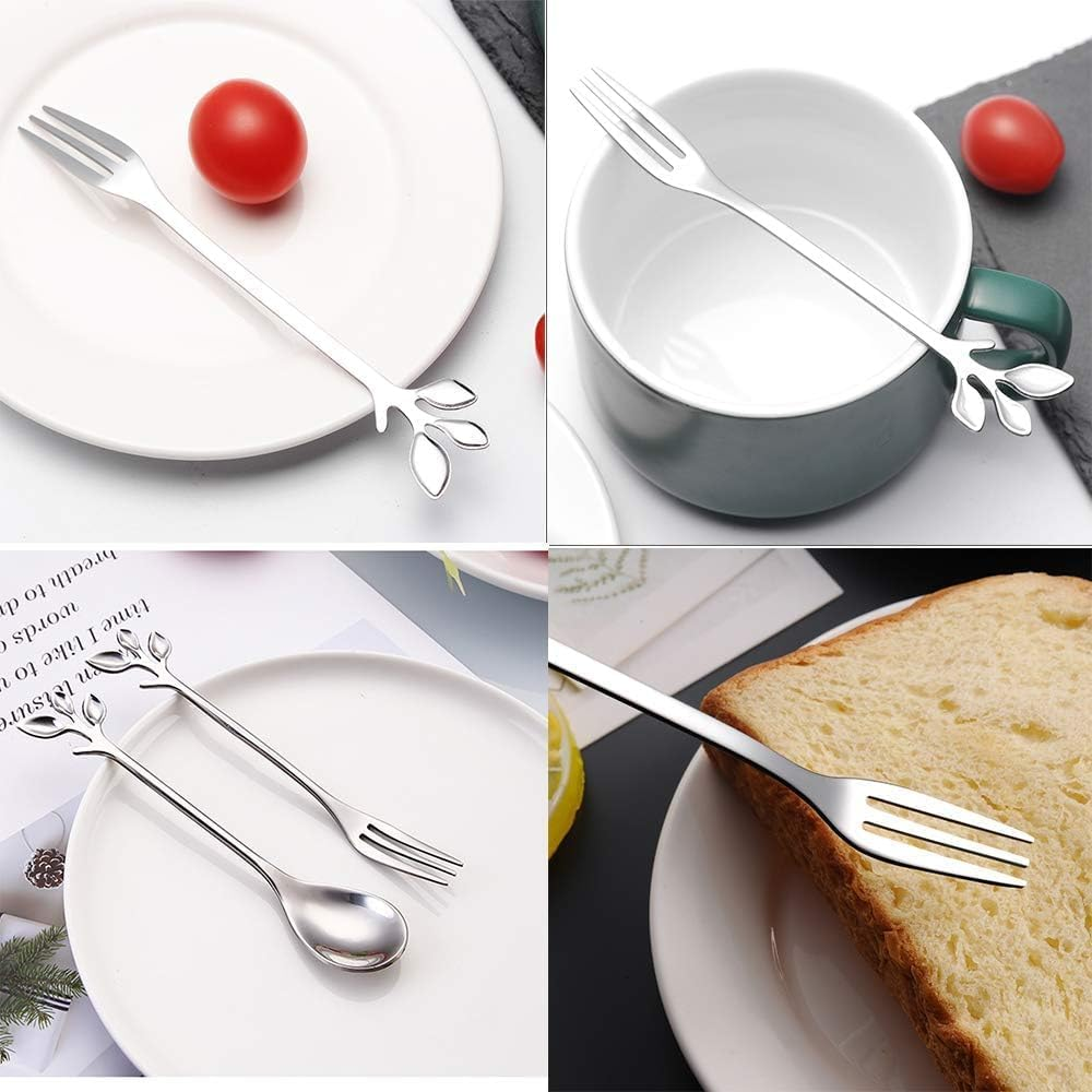 Stainless Steel Leaf Appetizercake Fruit Fork,10Pcs Leaf Handle Small Coffee Spoons and Dessert Fork,Stainless Steel Leaf Coffee Spoon and Fork,Stainless Steelleafcoffeespoonandfruitfork,Silver - Silver image number 4