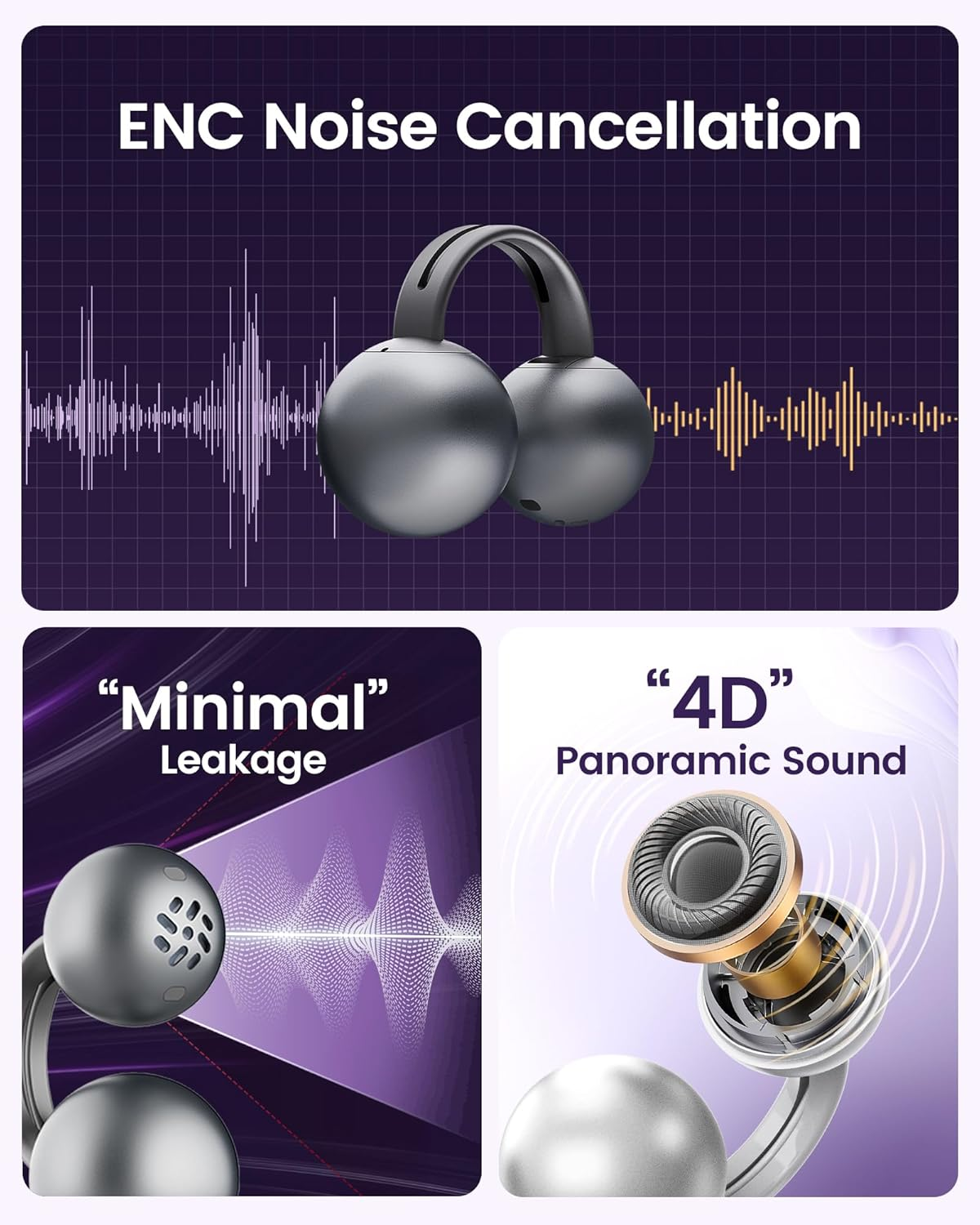 Mojawa Starclip Open-Ear Clip-On Wireless Bluetooth Headphones, 4D Panoramic Sound, Lightweight & Safe, Noise Cancelling Microphone, IP54 Water Resistant, Ear Clips for Sports & Everyday Use, Black