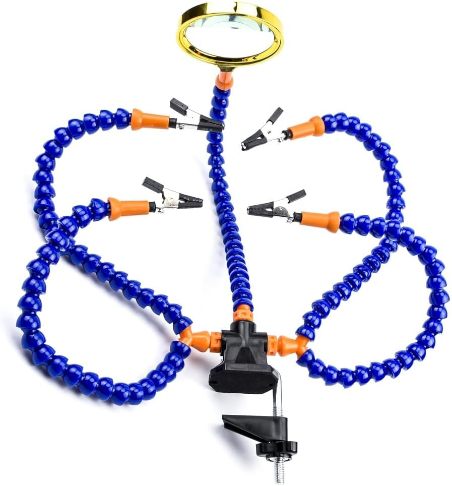 Solder Helping Hands with Magnifying Glass Station Soldering Third Hand Tool 5Pcs of Flexible Arms Clamp Swivel Holder image number 4