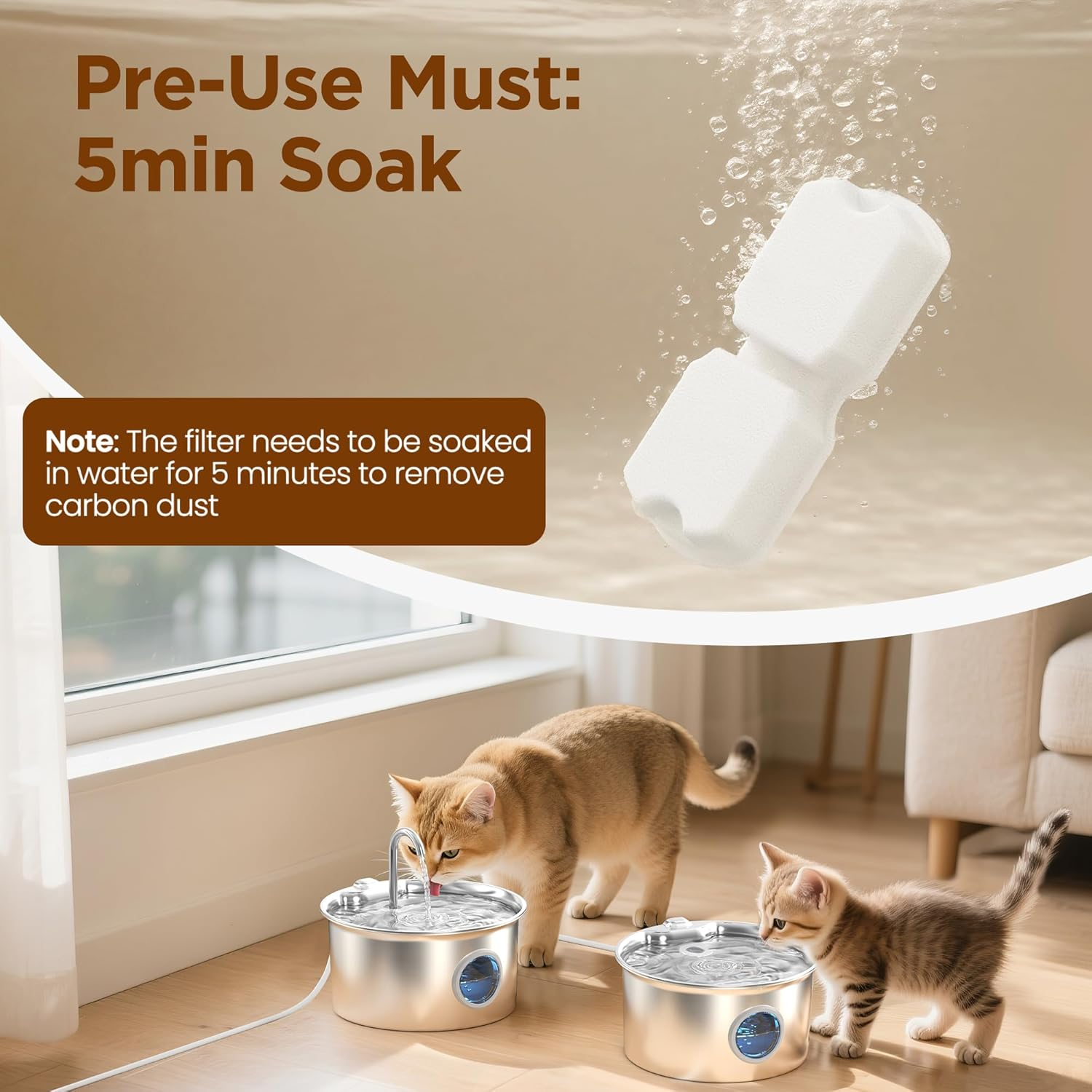 Cat Water Fountain 24 Filter: 12 Carbon Filters + 12 Foam Filters - Multiple Filtration - Purification of Water Quality - Taste Enhancement - Suitable for GIOTOHUN Stainless Steel Cat Fountain image number 4