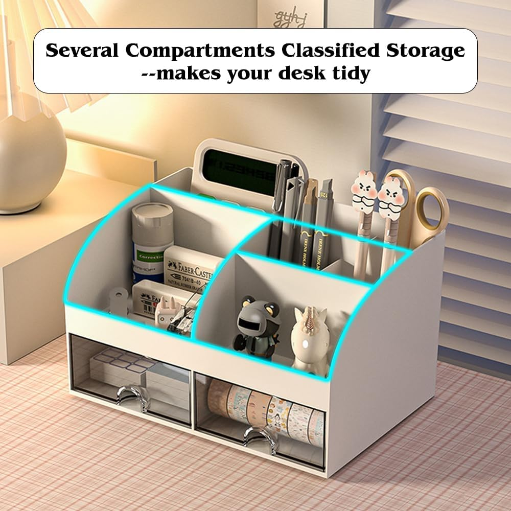 Desktop Storage Box with 7 Compartments, Office Desk Organizers Drawer Organizer Plastic Desktop Organiser for Stationery Supplies for Pencils Markers Erasers Pens image number 5