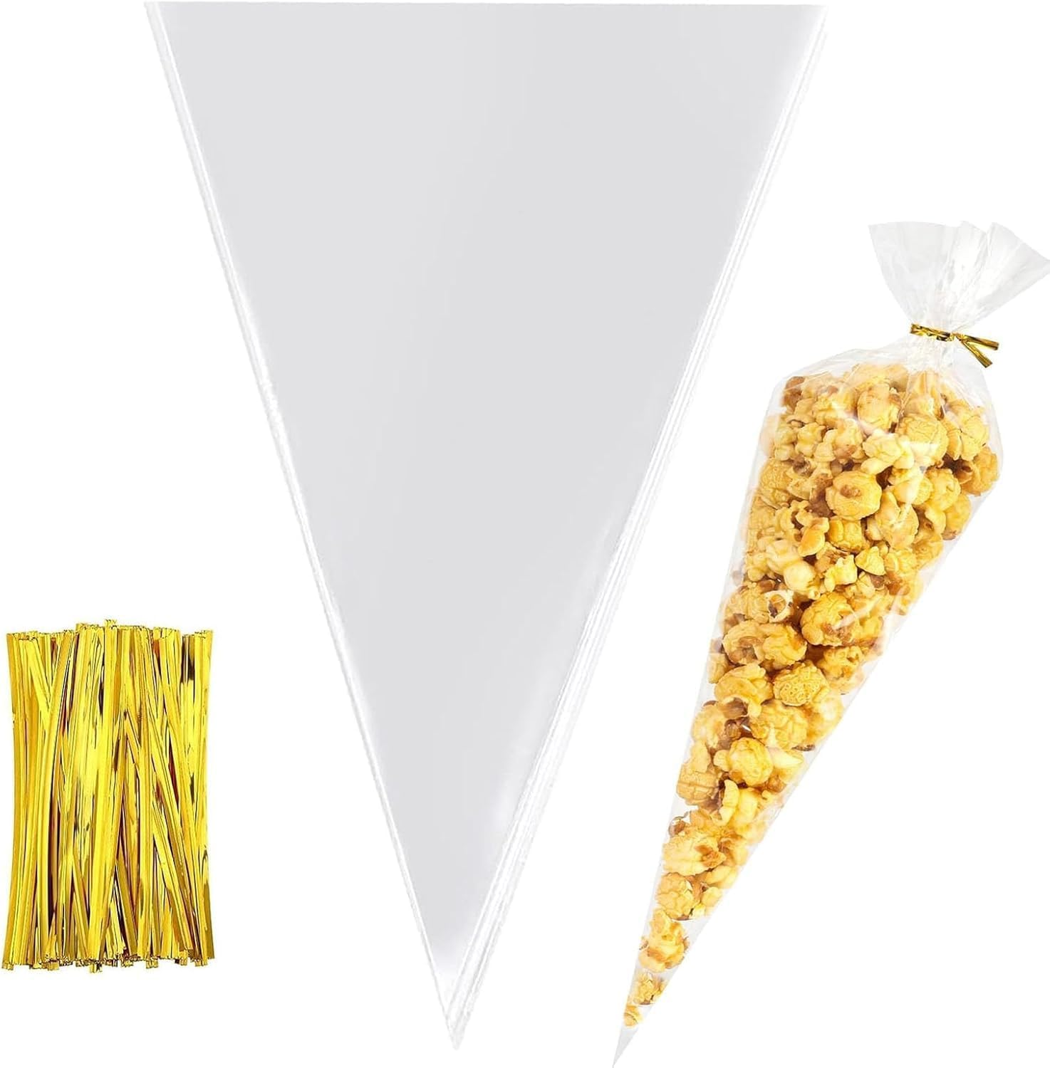 200PCS Cone Cellophane Bags, Betterjonny 13 * 25CM Clear Plastic Sweets Bags with Twist Ties, Triangle Party Cellophane Bag for Lolly Popcorn Cookies Candy Snacks Flowers&Graduation Birthday Wedding image number 5
