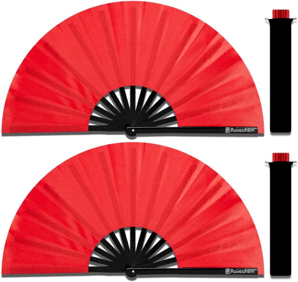 Raveahem 2 Pack Large Folding Hand Fans, Bamboo Handheld Rave Fan Wedding Fan Bamboo Frame Thickened Smooth Fabric for Cooling Decoration Women Men Gril Boy Gift, 13.8" Red