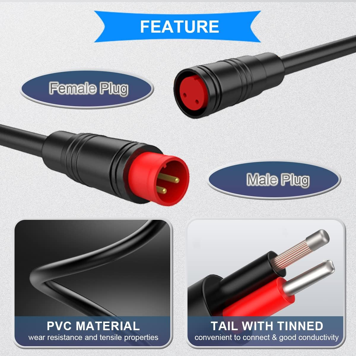 Xiatiaosann 5 Pairs Waterproof Julet 2 Pin Connector Extension Cable for E-Bikes - 20Cm Female and Male Plug Wire for Electric Bike Light, Throttle Grip with 20 Pieces Heat Shrink Tube - 2 Pin image number 3