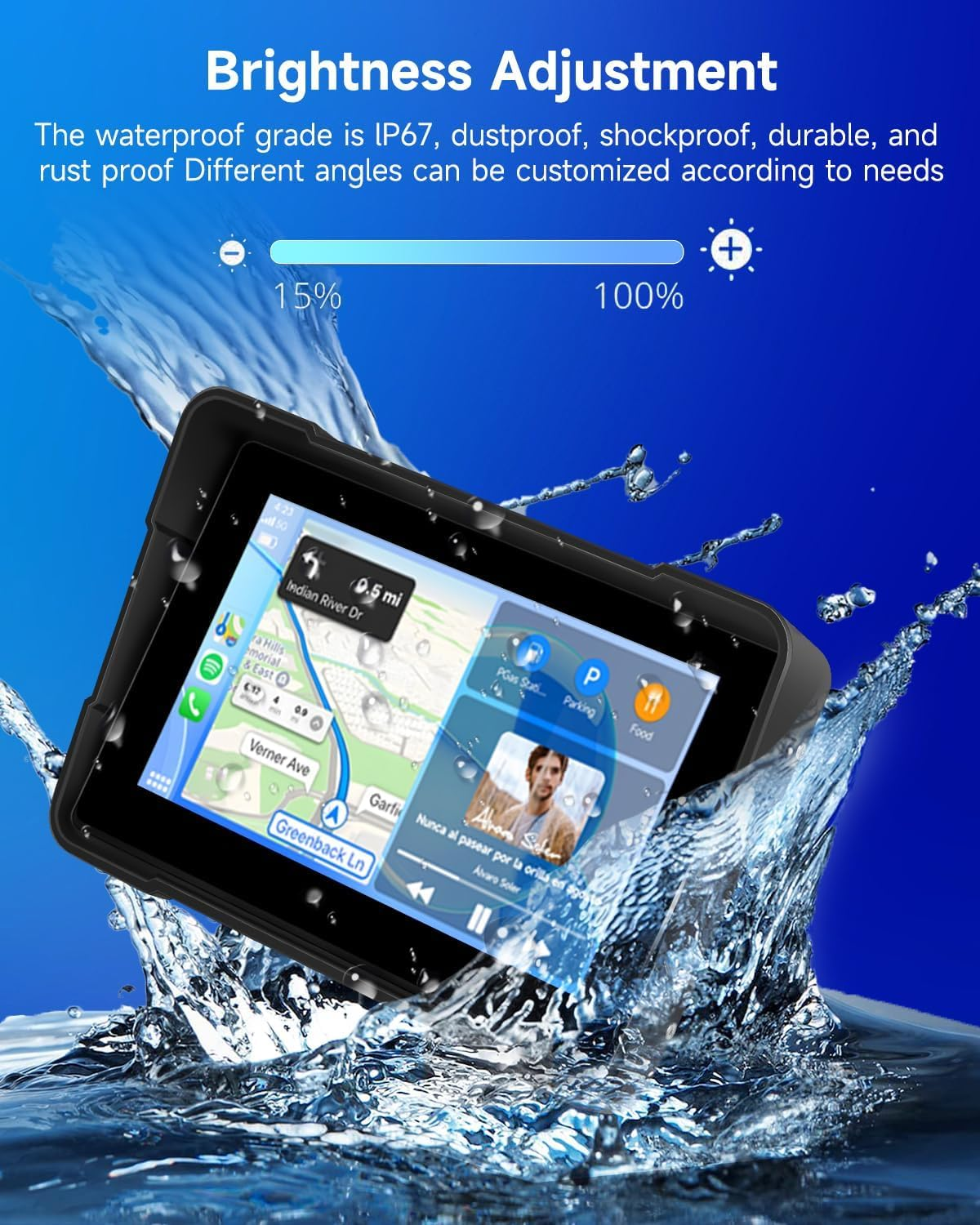 Rimoody Portable Motorcycle Carplay Screen, Portable Wireless Carplay Android Auto Car Stereo for Motorbike, 5" Waterproof Touchscreen, Dual Bluetooth, Navigation/Siri