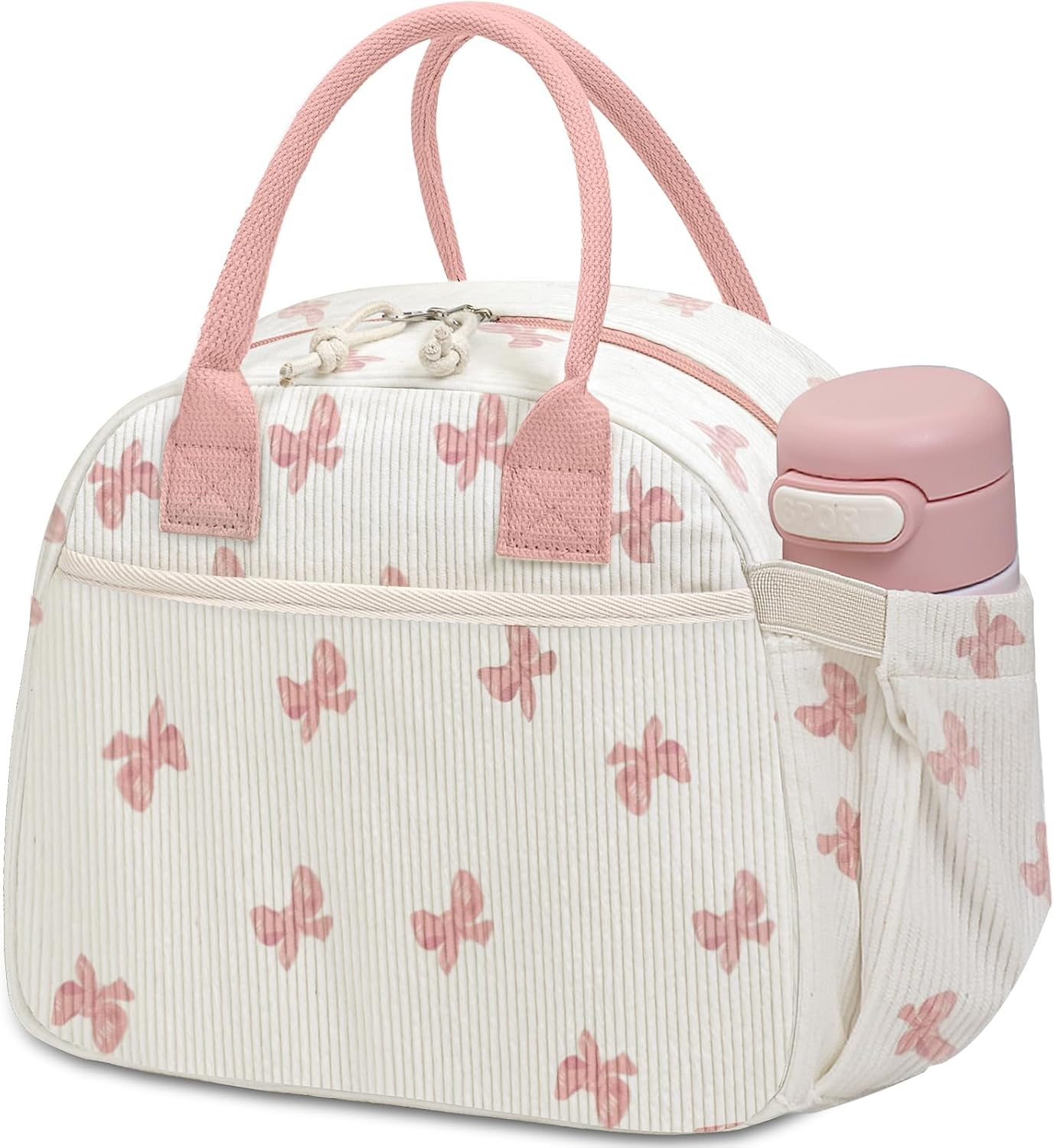 Carry Bloom Lunch Box for Women, Insulated Lunch Bag Cute Corduroy Lunchbag Reusable Lunchbox for Work (Bow Pink) - 1 Green White Stripes image number 6