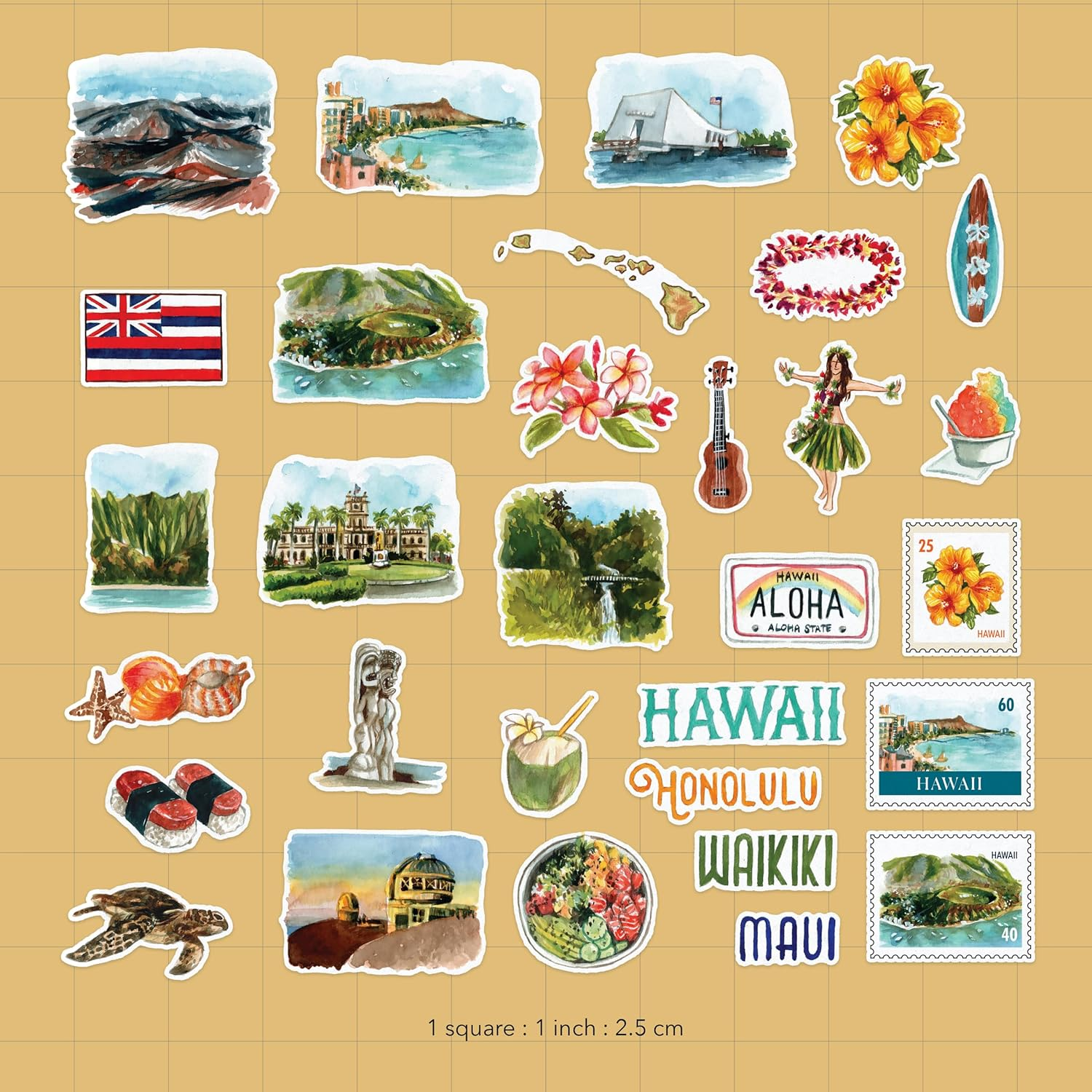 Navy Peony Exotic Hawaii State Travel Stickers (31 Pieces) - Watercolor, Waterproof, America Vacation Stickers for Scrapbooking, Journals, Suitcase image number 5