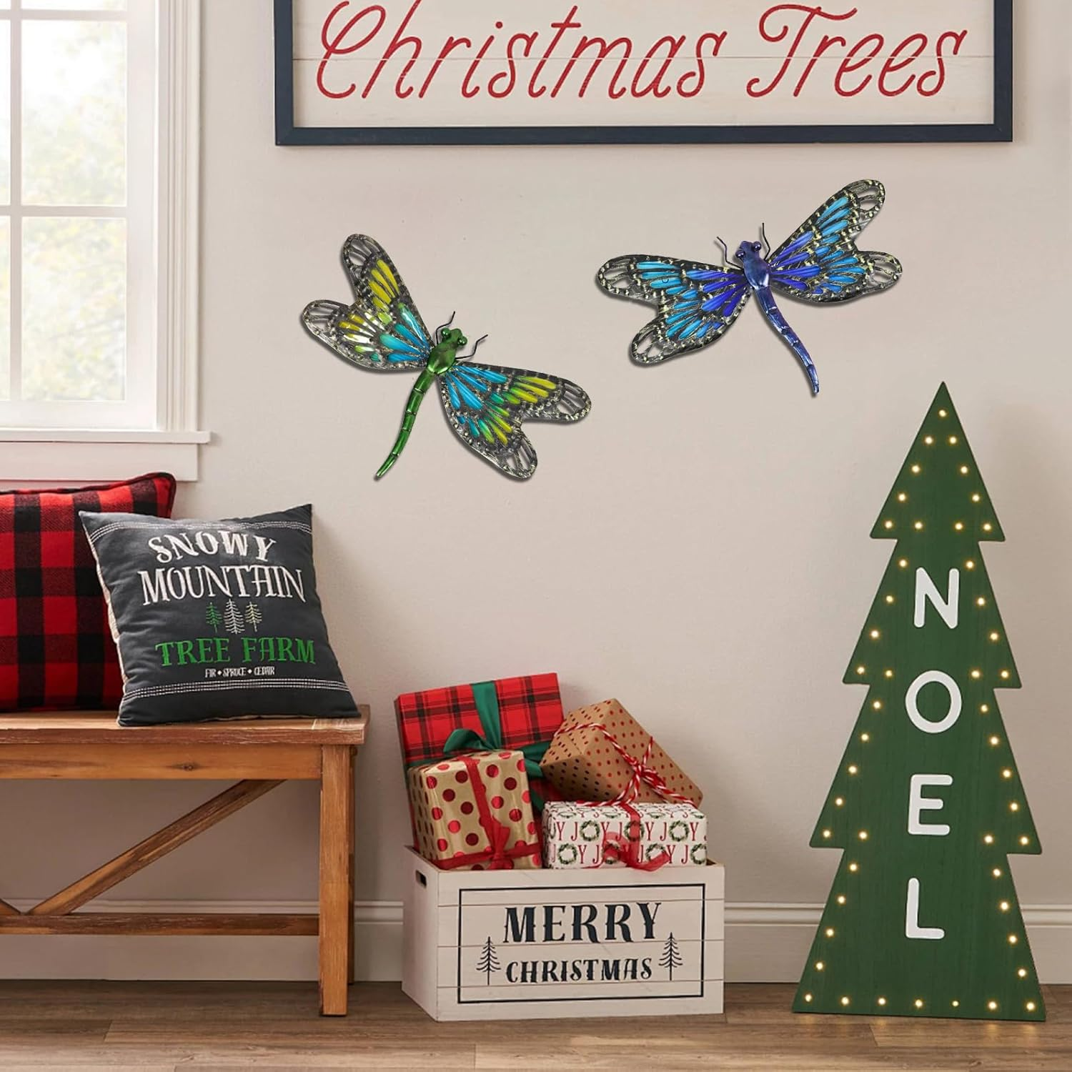 HONGLAND 2Pcs Metal Dragonfly Wall Decor Outdoor Dragonfly Wall Art Glass Sculpture for Home Garden,Gradient Blue&Green image number 2