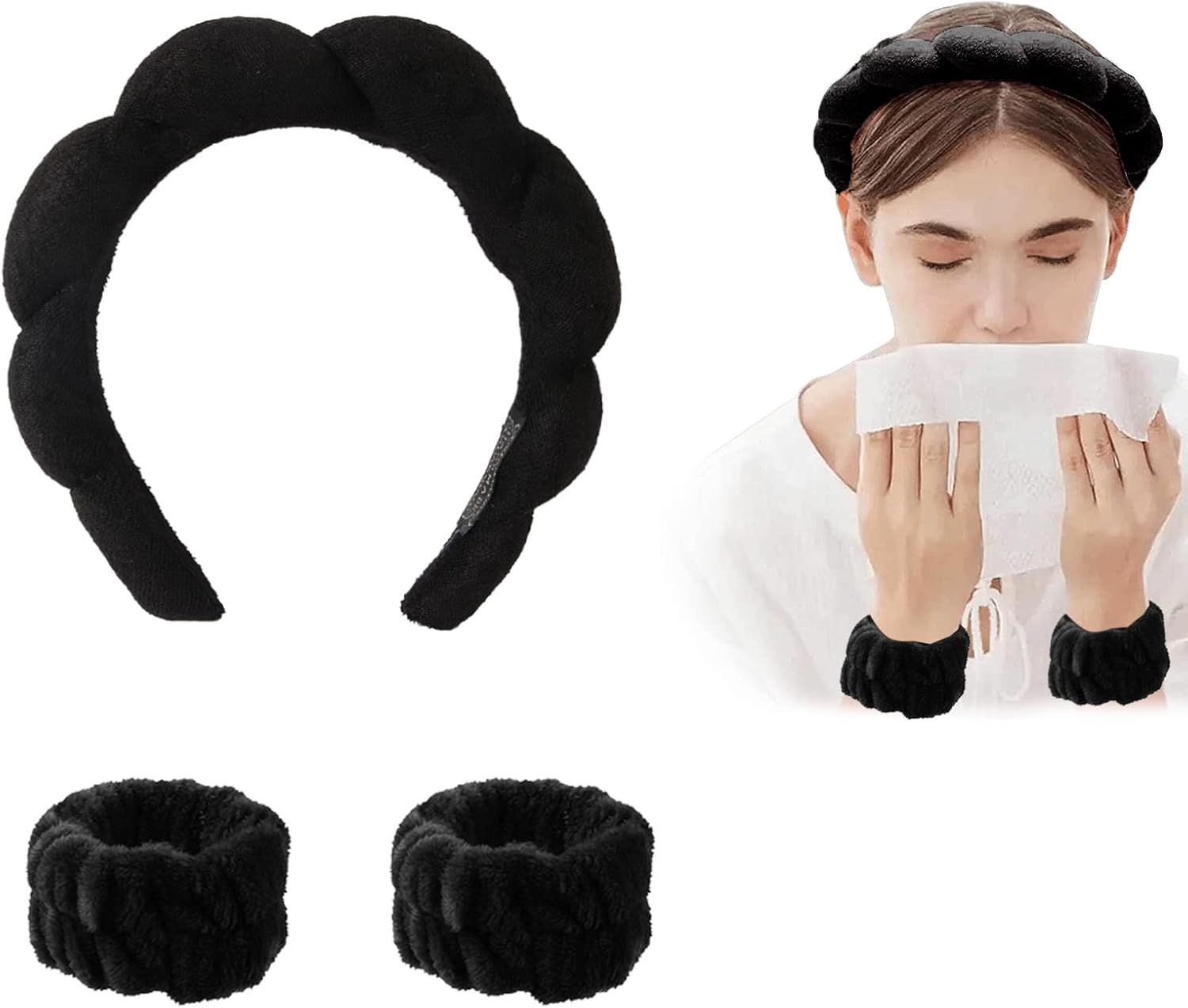 Headband Wrist Wash Band Set, Spa Face Hairband Wrist, Wrist Spa Wash Band, Sponge and Terry Cloth Fabric Headband, Wrist Makeup, Hair Band Velvet, Face Cleansing (#5)