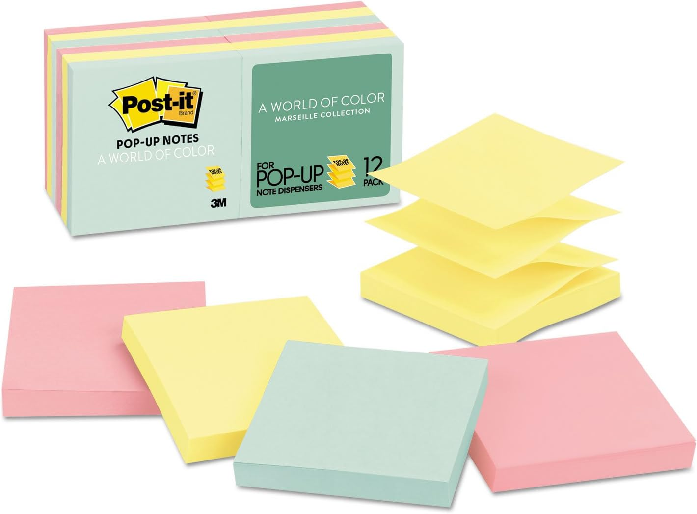Post-It Pop-Up Notes, 3 in X 3 In, Marseille Collection, 12 Pads/Pack, 100 Sheets/Pad (R330-12AP) - 76 X 76 Mm, Marseille Collection, 12 Pads