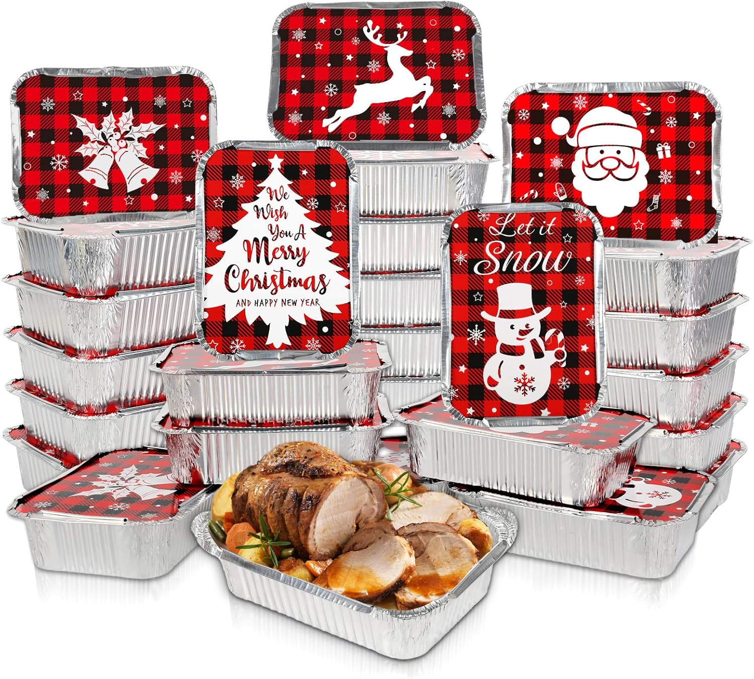 Whaline 42Pcs Christmas Foil Pans with Lids Red Black Plaid Food Storage Containers Xmas Tree Santa Disposable Aluminum Pans for Baking Cooking Heating Storing Prepping Food, 6 Designs image number 3