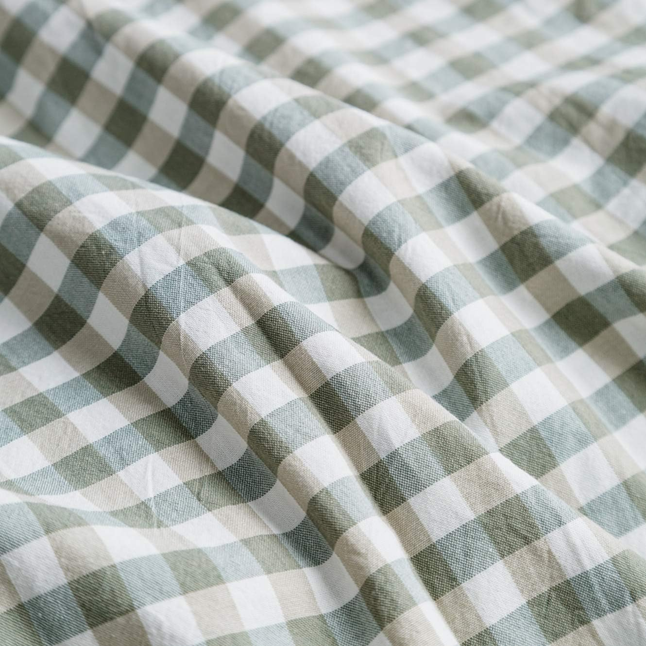 (Queen, Style 5) - SUSYBAO 100% Natural Washed Cotton 3 Pieces Duvet Cover Set (Queen/Full) 1 Duvet Cover 2 Pillowcases Luxury Quality Soft Breathable Hypoallergenic Green Gingham Plaid Pattern with Zipper Ties image number 7