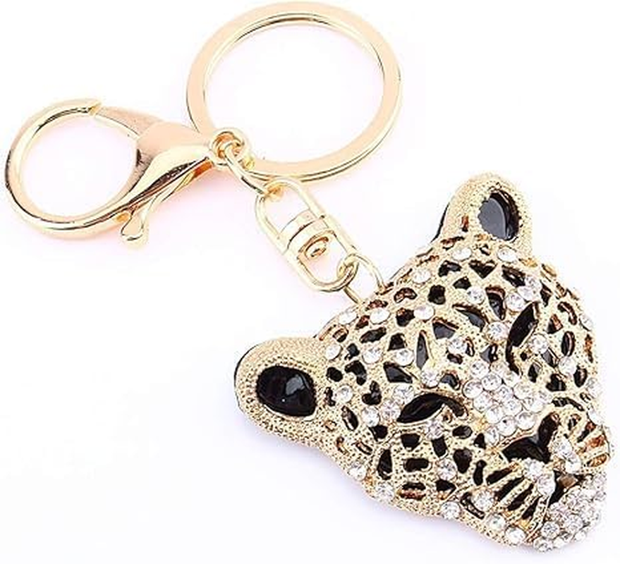 Leopard Bag Pendant, 2&times;1.97 in Leopard Charm, 1PC Gold Rhinestone Keychain Cute Cheetah Head Purse Key Ring Chain Sparkling Crystal Charming Decoration Adornment for Wallet Handbags Lady Girlfriend