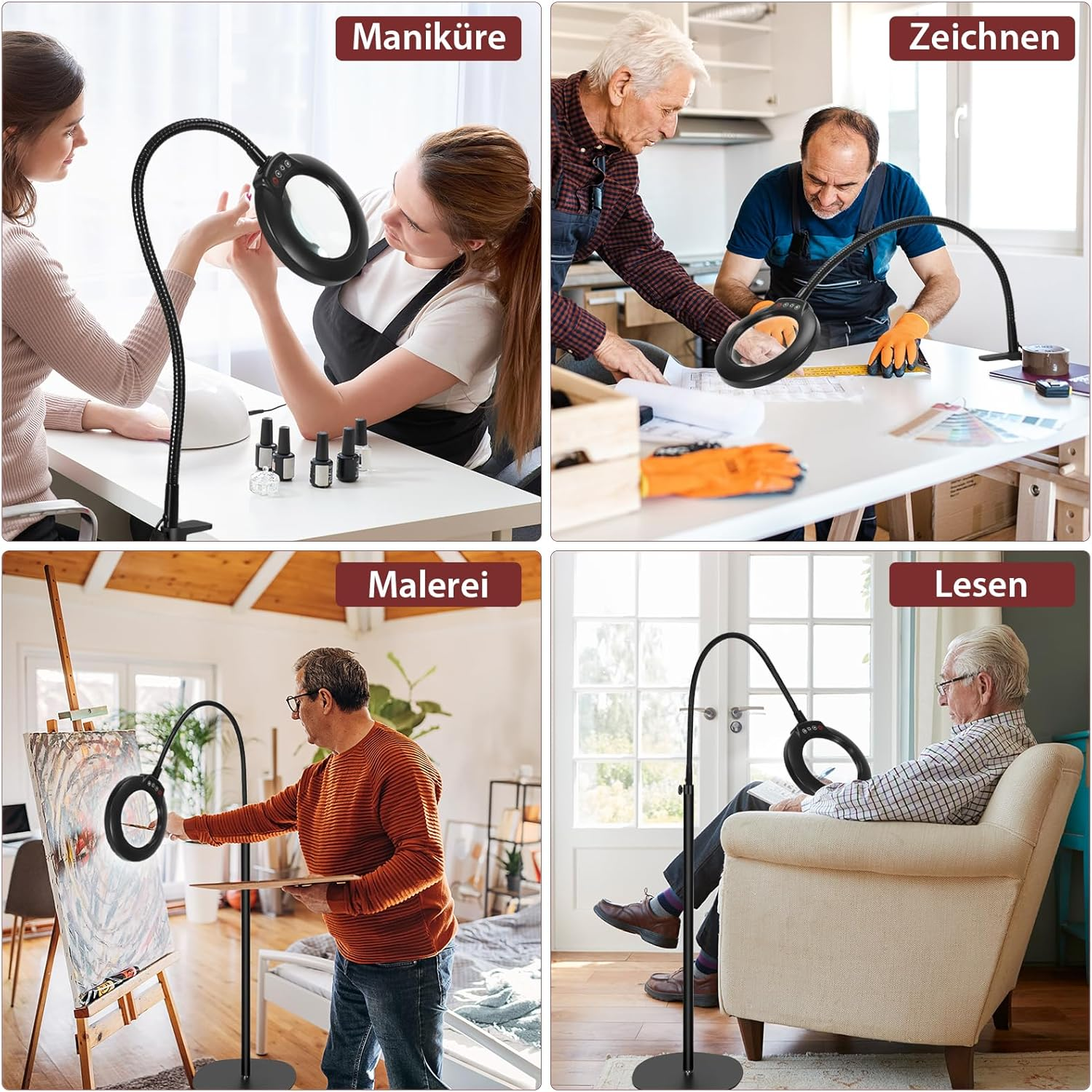 Veemagni 10X Floor Lamp with Magnifying Glass, 3 in 1 LED Magnifying Lamp, Flexible 24 Inch Gooseneck Floor Lamp, 5 Colour Modes Continuous Dimming, Floor Lamp on Stand for Reading Painting image number 2