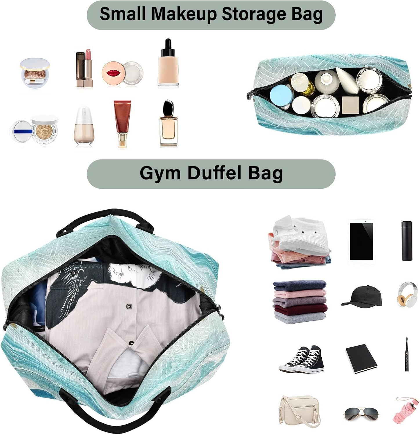 Blue-Green Marble Texture Travel Bag Overnight Bag Gym Sports Duffel Bags with Toiletry Bag for Gym Foldable, Blue-Green Marble Texture, 1 Size image number 3