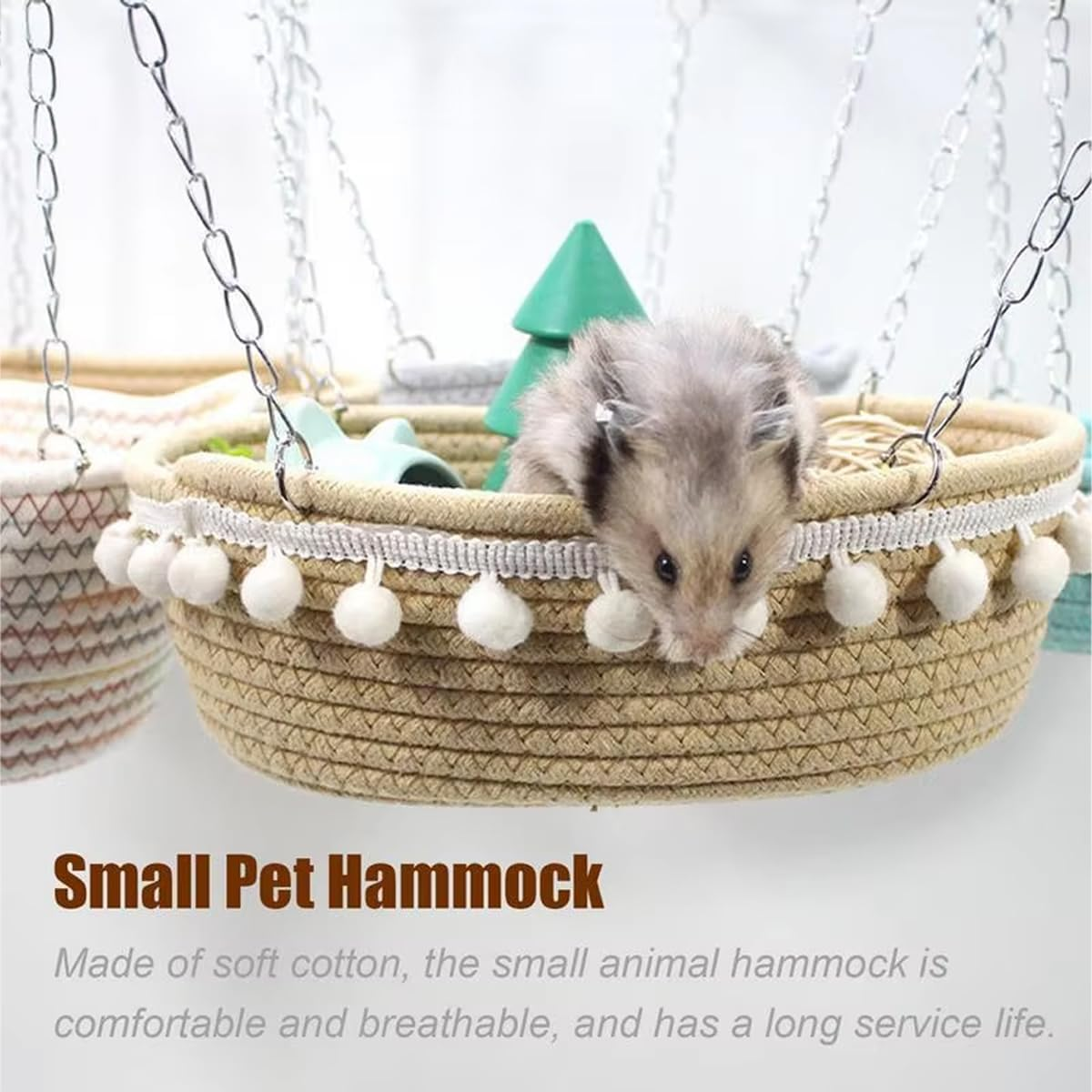AIMALL Small Pet Hammock for Hamster, Guinea Pig, Rat, Ferret - Soft Cotton Hanging Bed Nest with Pom-Pom Details, Secure Hanging System for Pet Cage - Cozy and Comfortable Resting Spot