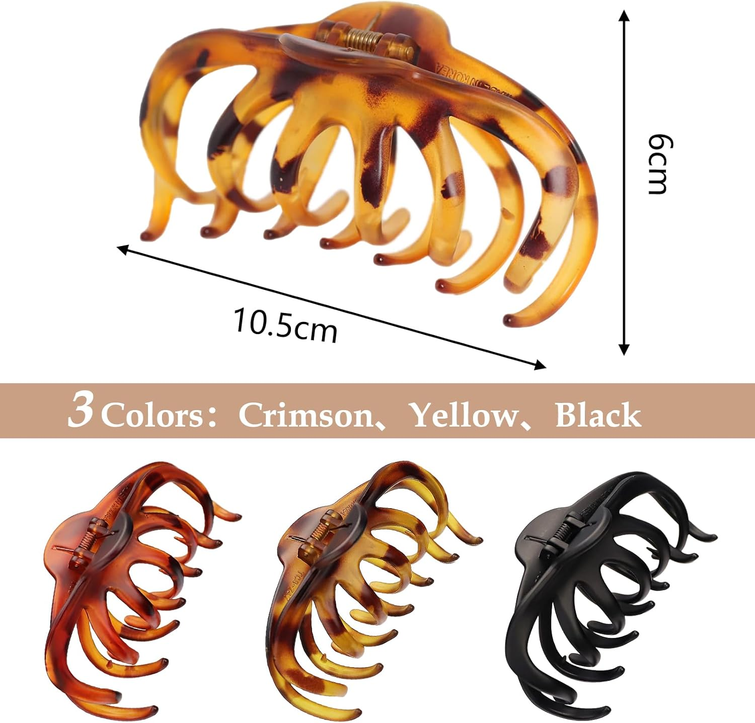3 PCS Hair Claw Clips Hair Clips for Women Octopus Big Hair Clips Long Curly Thin Thick Hair Strong Hold Matte Jumbo Jaw Clips Hair Accessories for Women Girls Styling | Black & Red/Yellow Tortoise image number 6