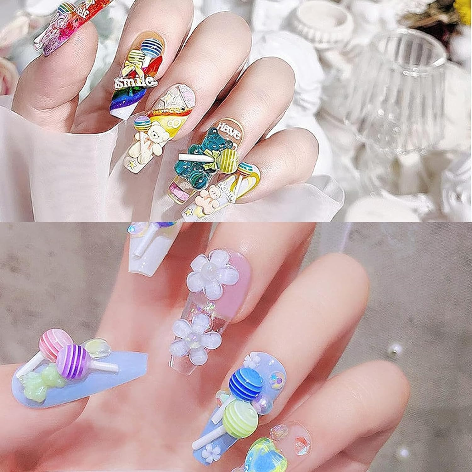 Anoleair 3D Nail Charms Assorted Mix Bear, Heart, Flower, Butterfly, Candy, Lollipop, Bowknots, Pearls - 15 Mixed Color Pieces for Nail Art DIY Accessories image number 3