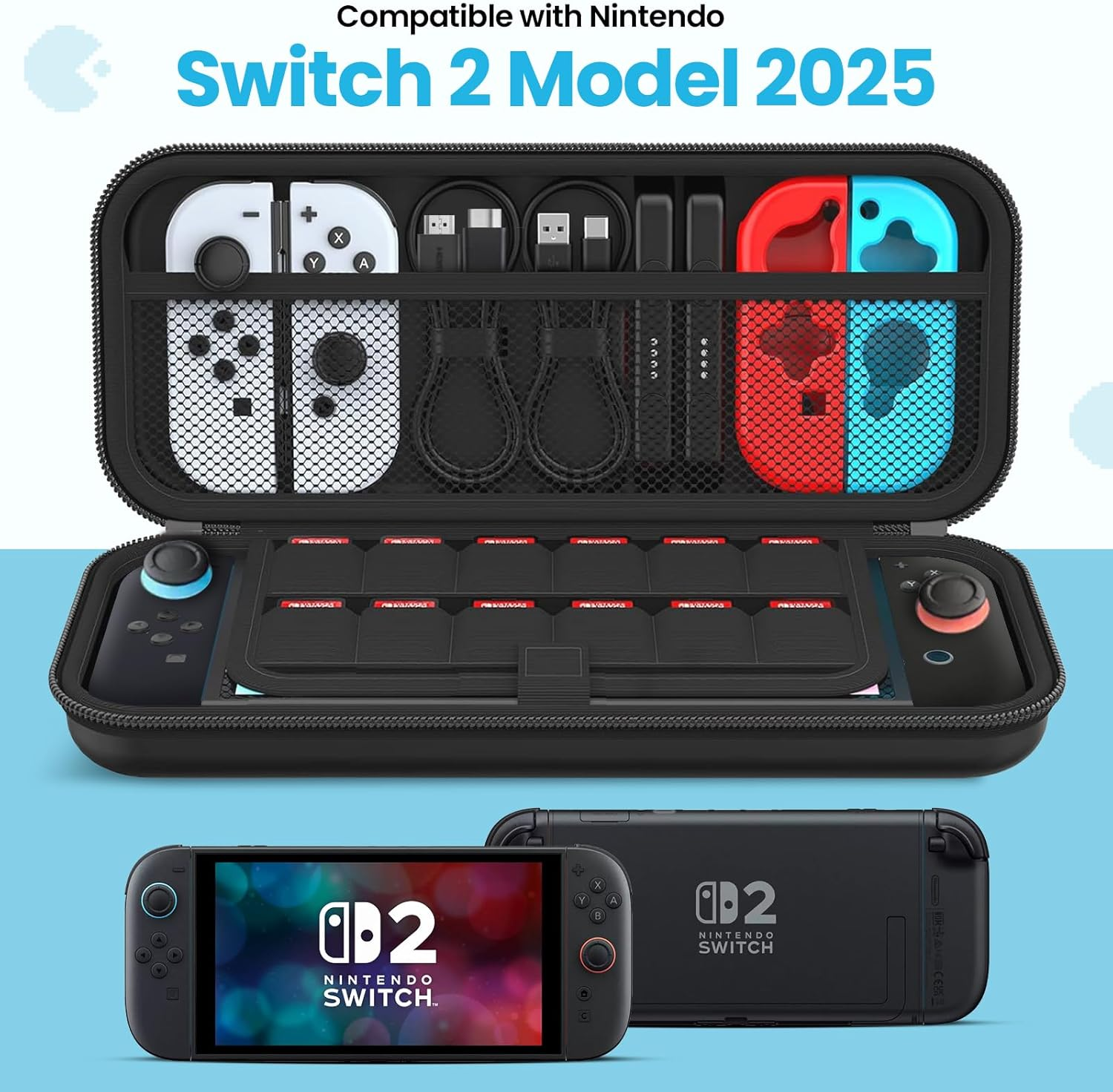 Rsaquar Carrying Case for Nintendo Switch 2 2025 - Shockproof Water-Resistant Hard Shell Travel Storage for Switch 2 & Accessories - Compact with 12 Game Cartridges, Pro Controller Pocket, Black image number 2