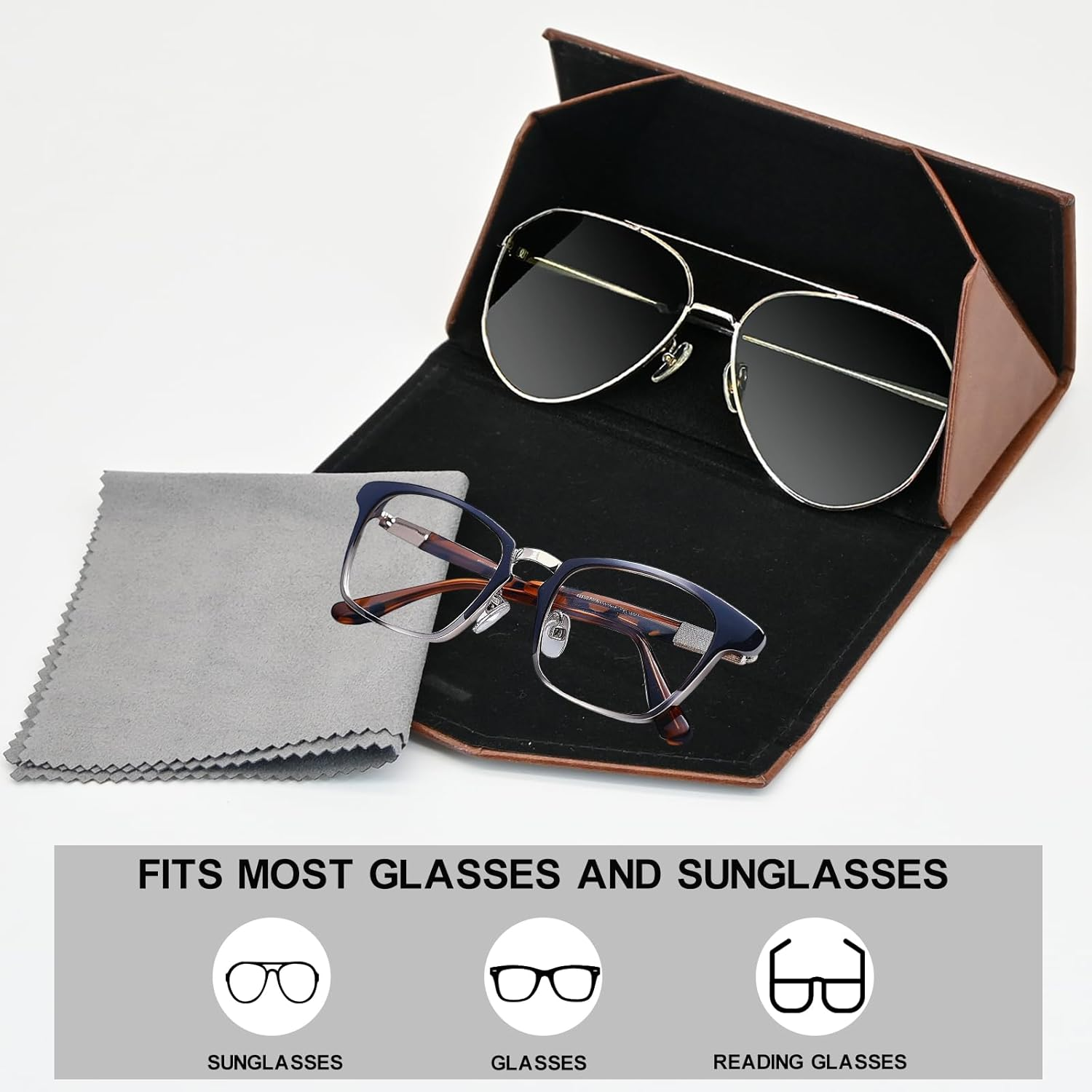 Foldable Eyeglass Case with Cleaning Cloth & Pouch - Magnetic PU Leather Glasses Case - Portable & Lightweight Sunglasses Storage Triangular Fold Reading Glasses Eyewear Protector Box for Men & Women