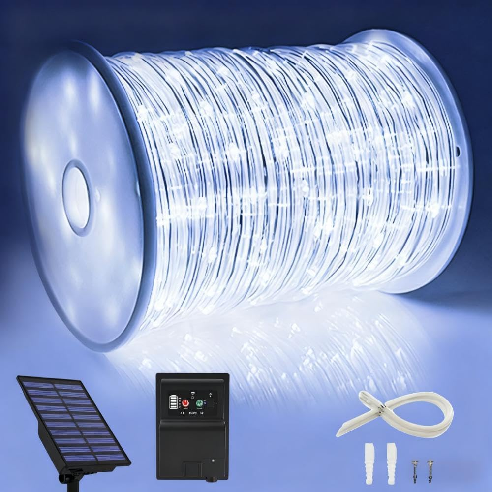 164 FT 1000 LED Rope Lights Solar Powered Waterproof String Lights 8 Modes Outdoor Tube Light Copper Wire Fairy Lights for Christmas Garden Fence Yard Party Pool Wedding Decor (Yellow)