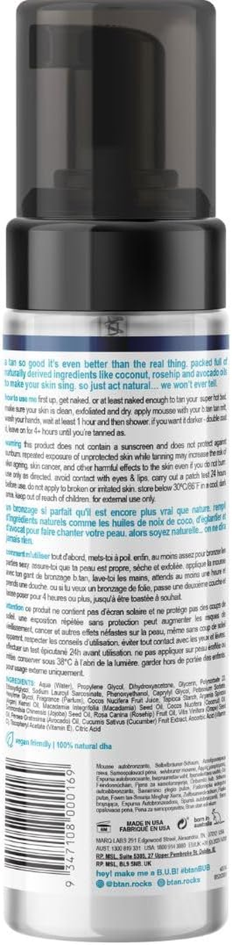 B.Tan Clear Self Tanning Mousse | Just Act Natural - 1-Hour Express Sunless Self Tanning Mousse, Dark Tan, Non-Staining, with Coconut Water & Vitamin E, Face & Body image number 3