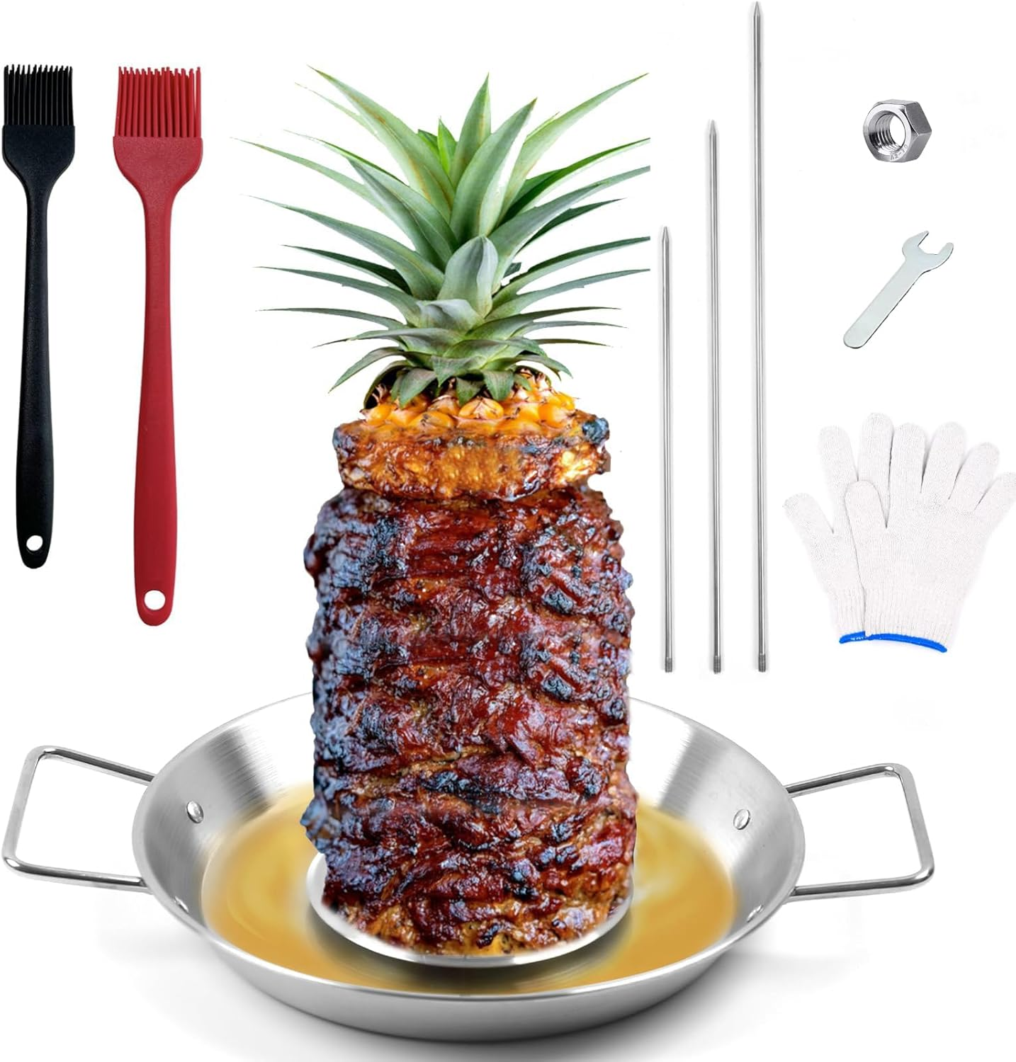 Lxjnfac Al Pastor Skewer for Grill：Stainless Steel Vertical Skewer, Brazilian Spit Stand with 3 Spikes,2 Brushes,Ideal for Tacos Al Pastor,Shawarma, Kebabs on Smoker, Oven,With Fat Separator Tray image number 4