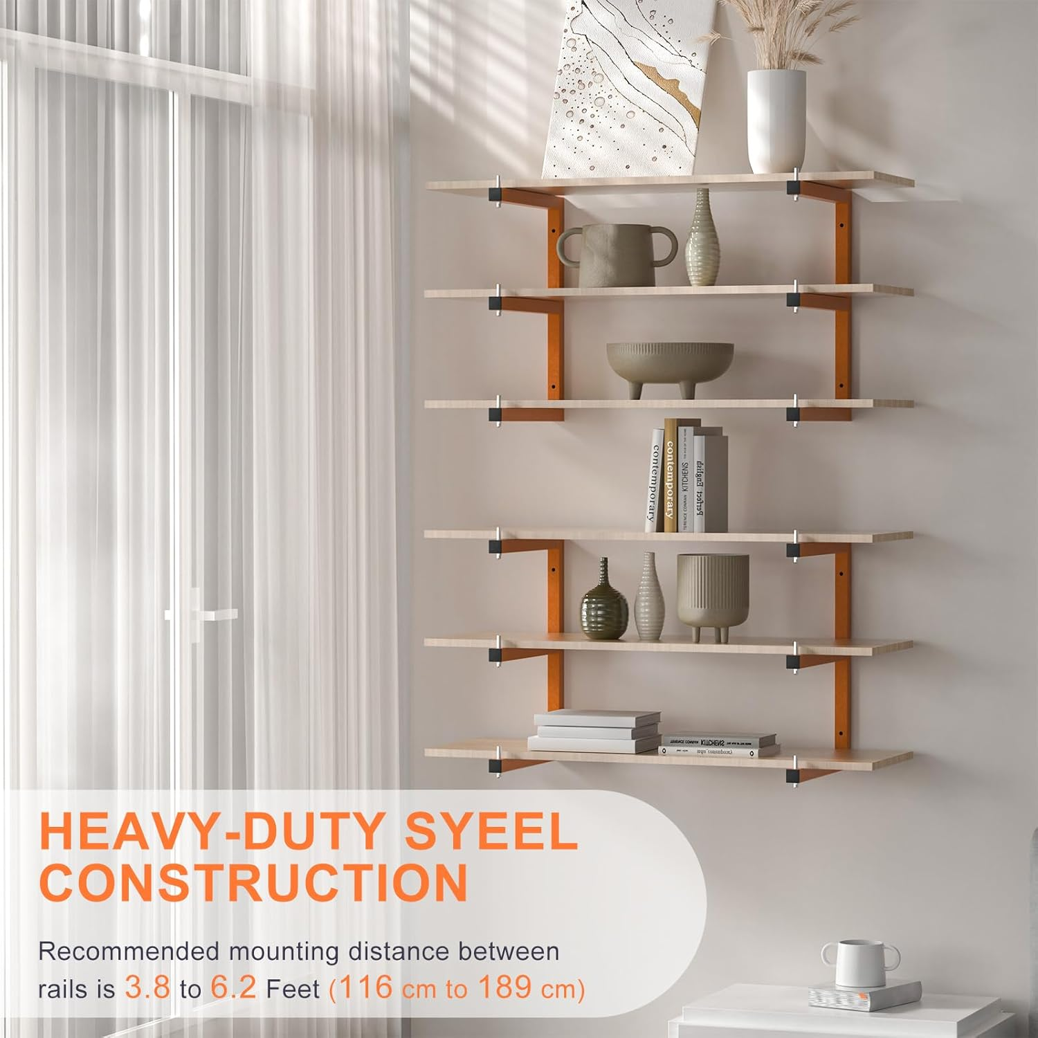 4 PACK Lumber Rack Wall-Mounted Lumber Storage Rack, Heavy Duty Wood Storage Racks with 6-Level System, 1320 LB Sturdy Garage Wood Organizer, Hanging Orange Lumber Metal Racks for Indoor & Outdoor image number 2