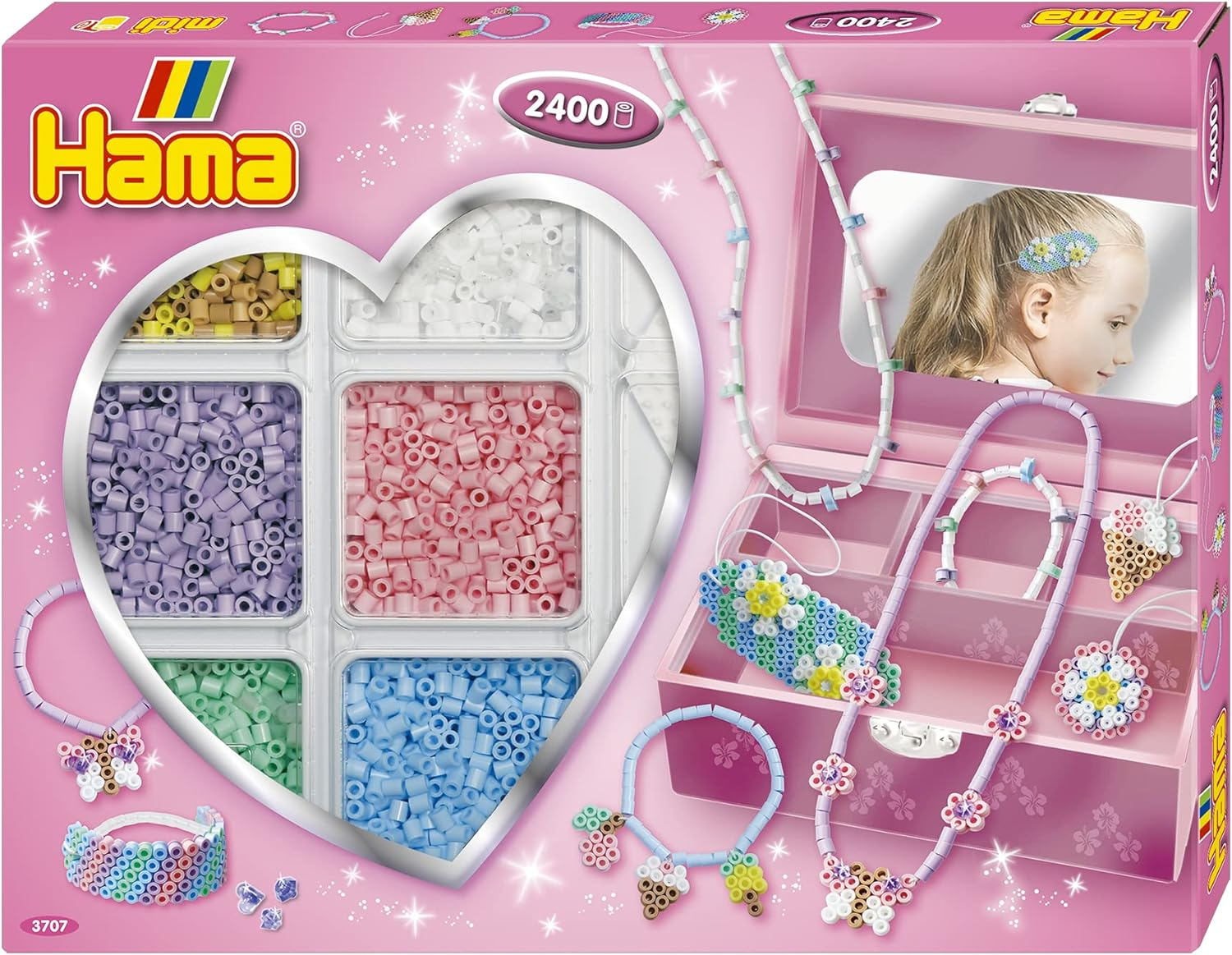 Hama Perlen 3707 Creative Box Accessories with Approx. 2,400 Colourful Midi Iron-On Beads with Diameter 5 Mm, Pin Plate and Accessories for Necklaces and Bracelets, Including Ironing Paper, Pink, Purple, Blue, White, 3707H - Brown, Red, Blue, Grey image number 6