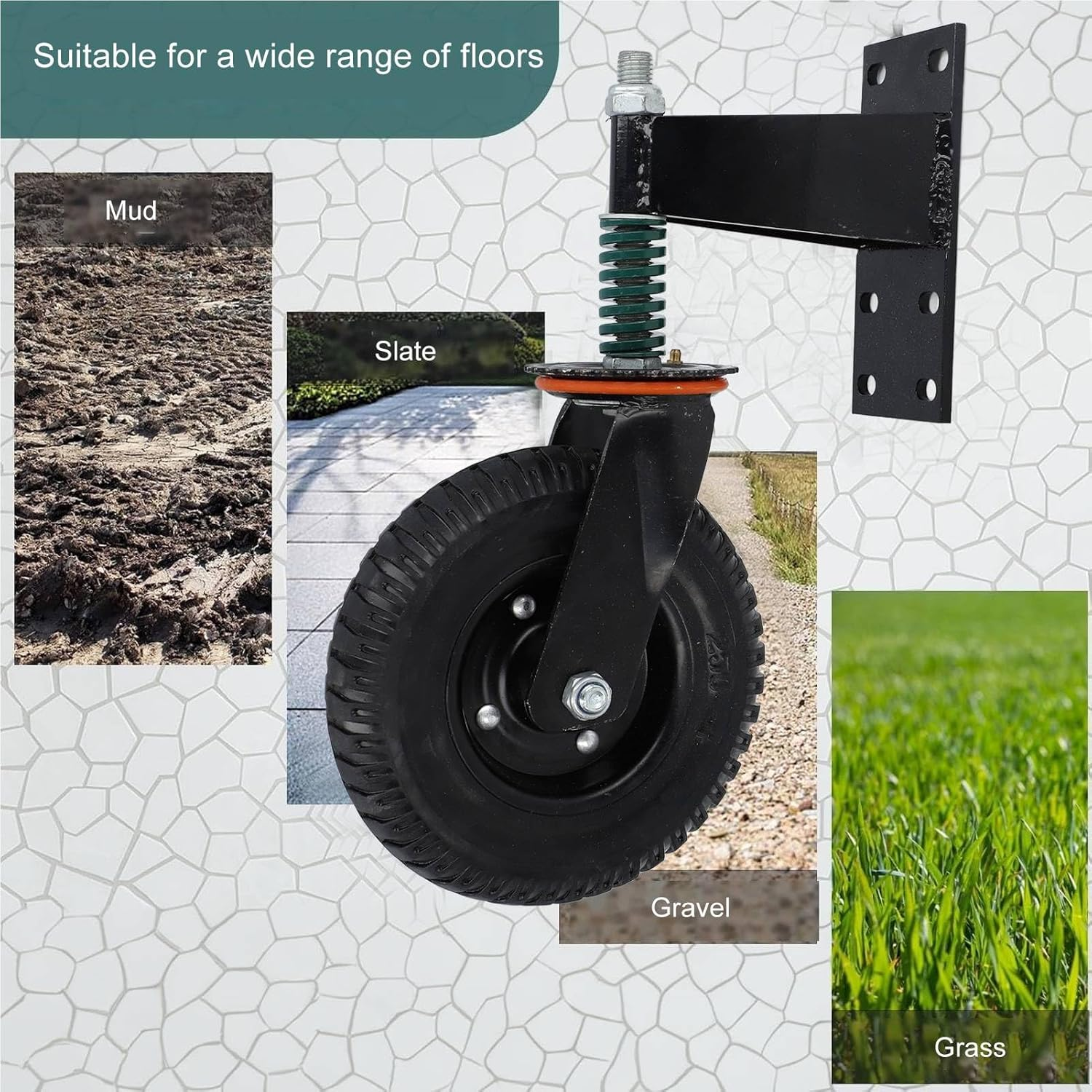 600Lbs Load Capacity Gate Wheel, 8In Metal Gate Support Wheel, Spring Loaded Gate Caster Wheel for Swing or Rolling Gates - Universal Mount Plate, Rubber Wheels, Proof (Black) - Black image number 4