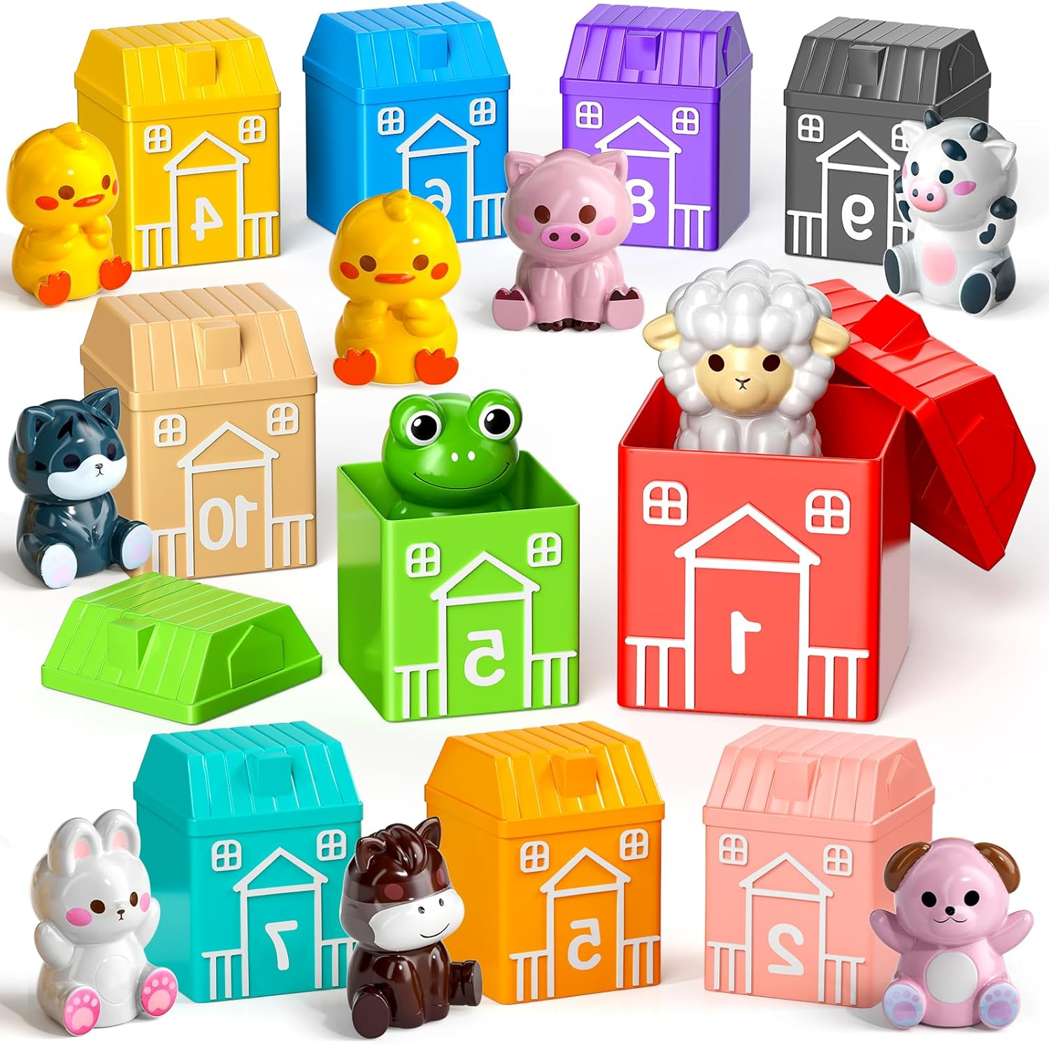 JUKUDAHU Farm Animals Toy Set for Kids 1 2 3 4 Years Old - Matched Game with 10 Barns, Counting, Color Sorting, Sensory Preschool Learning for Toddlers 1-3, Birthday Baby Boys Girls Ages 12-18 Months image number 6