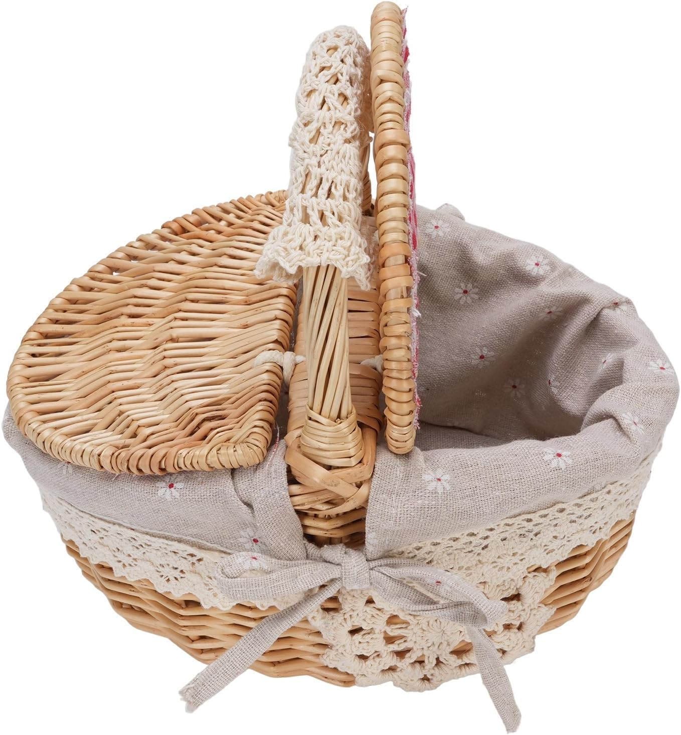 Wicker Picnic Basket with Removable Liner, Empty Picnic Hamper with Lid and Handle for Outdoor Camping, Wicker & Linen Cotton, 25.5X18X25Cm (Daisy)