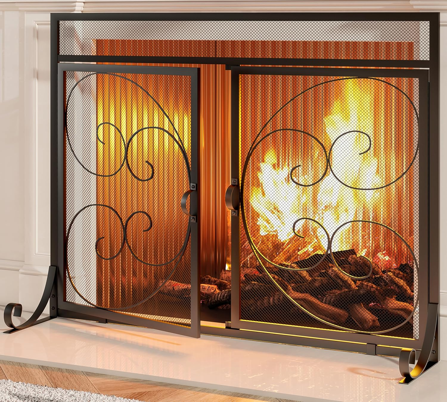 Kingson Fireplace Screen with Hinged Doors Magnetic 2 Panels Sturdy Steel Frame Durable Metal Mesh Decorative Free Standing Spark Guard- Black