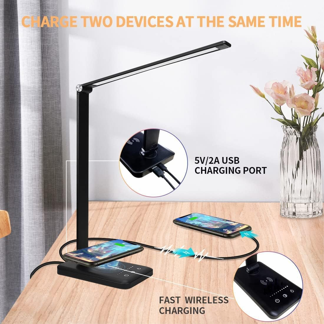Lylilidy LED Desk Lamp with Wireless Charger & Plug, Table Lamp with 10 Brightness, 5 Lighting Colors, Dimmable Eye-Caring Desk Lamps for Home Office, Touch Control, 30/60Min Auto Timer image number 6